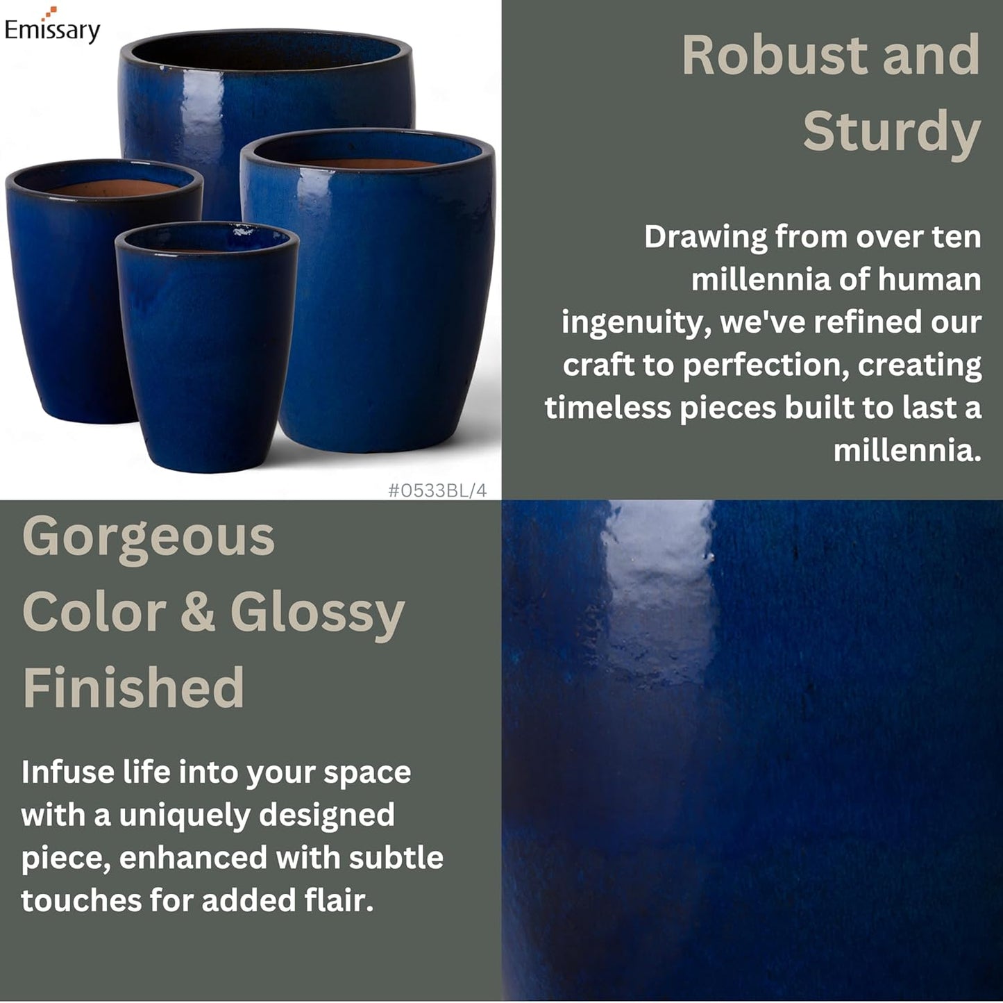 Emissary Home and Garden Bullet 12in., 14in., 15.5in., 21in. H Blue Ceramic Round Planters with Drainage Hole (Set of 4)