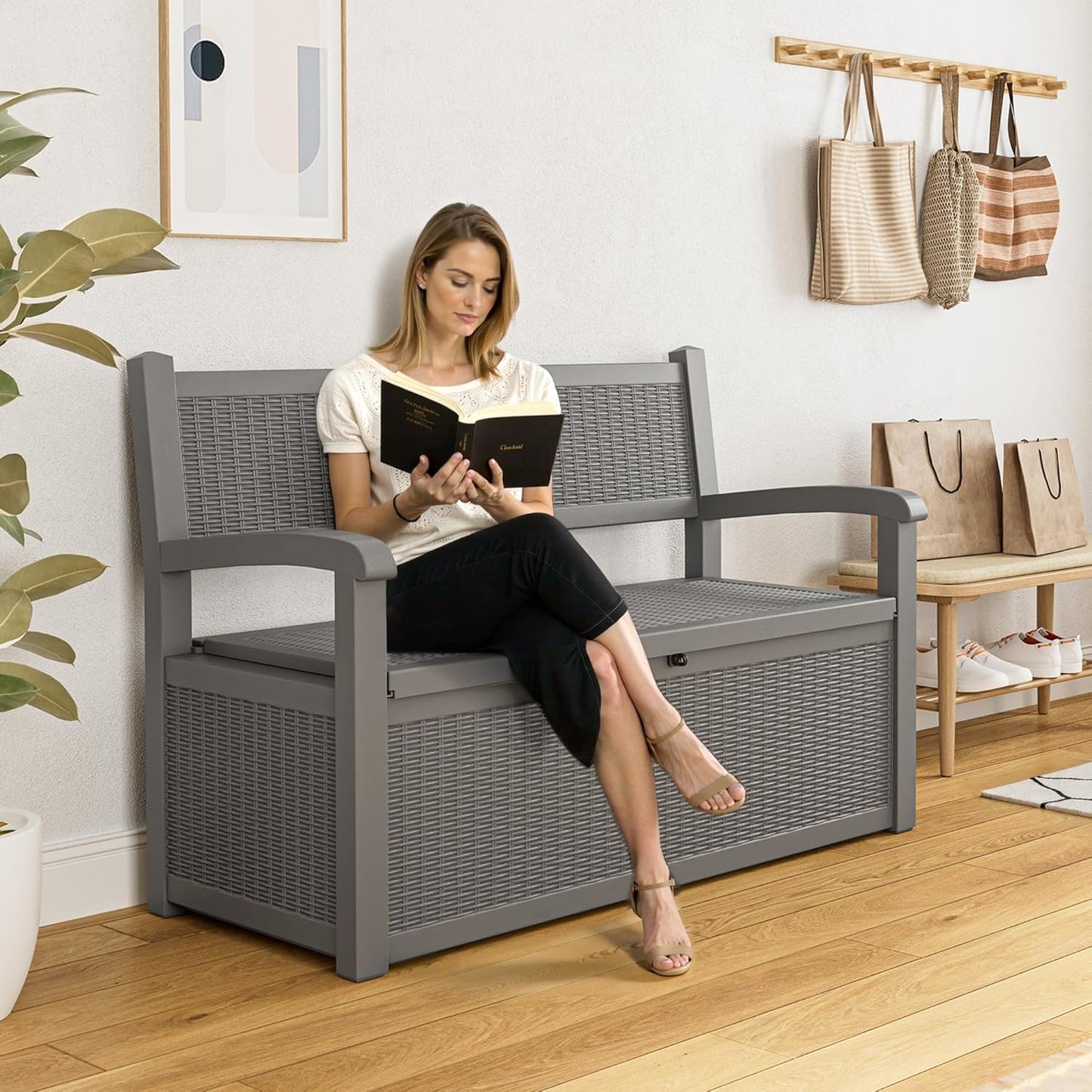 70 Gallon Outdoor Storage Box, Resin Patio Furniture with Armrest, Lockable Deck Box with Waterproof and UV Resistant for Patio Cushions, Garden Tools and Pool Supplies, Grey