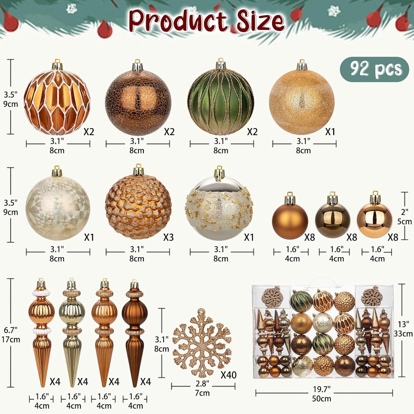 92ct Christmas Tree Decoration Set - Shatterproof Christmas Baubles with Strings, Bronze-Champagne
