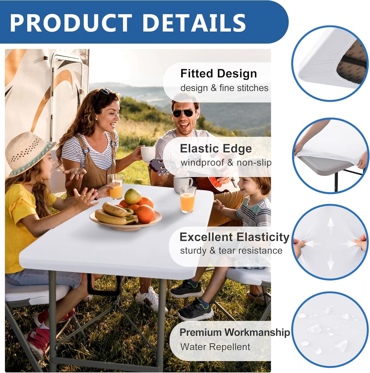 Fitted Tablecloth for 6 Foot Rectangle Tables-2 Pack White Elastic Outdoor Picnic Table Cover-Spandex Stretch Folding Table Cloths 6 ft for Camping Dining Room Patio Kitchen Banquet Party