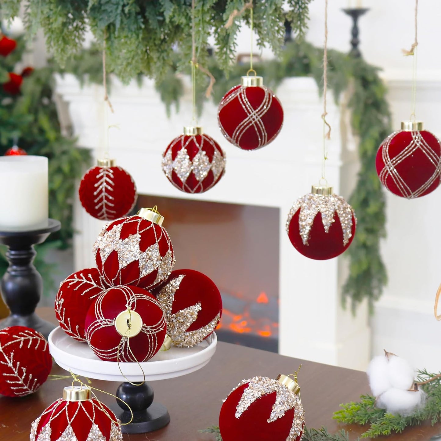 4inch Velvet Ornaments for Christmas Tree, 9PCS Glitter Flocked Christmas Ornaments Decorations Balls Set Decor Red