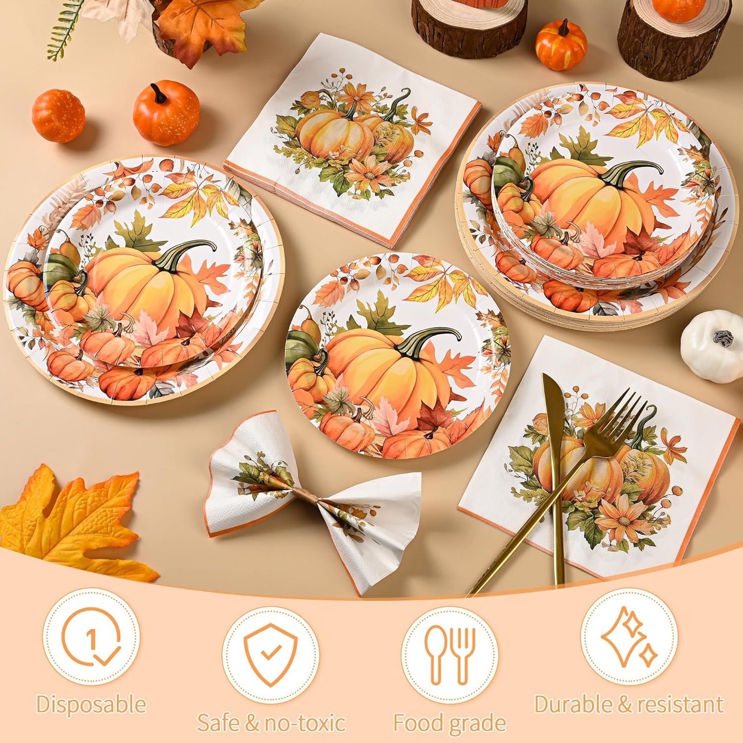 150Pcs Thanksgiving Fall Pumpkin Paper Plates and Napkins Fall Party Supplies Watercolor Pumpkin Maple Disposable Plates Autumn Plates for Fall Decor Thanksgiving Party Supplies,Serve 50 Guests