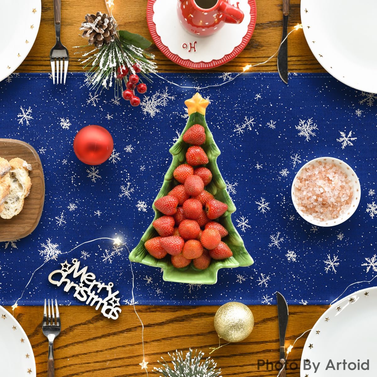 Artoid Mode Snowman Birds Trees Christmas Table Runner, Seasonal Blue Winter Holiday Kitchen Dining Table Decoration for Indoor Outdoor Home Party Decor 13 x 36 Inch