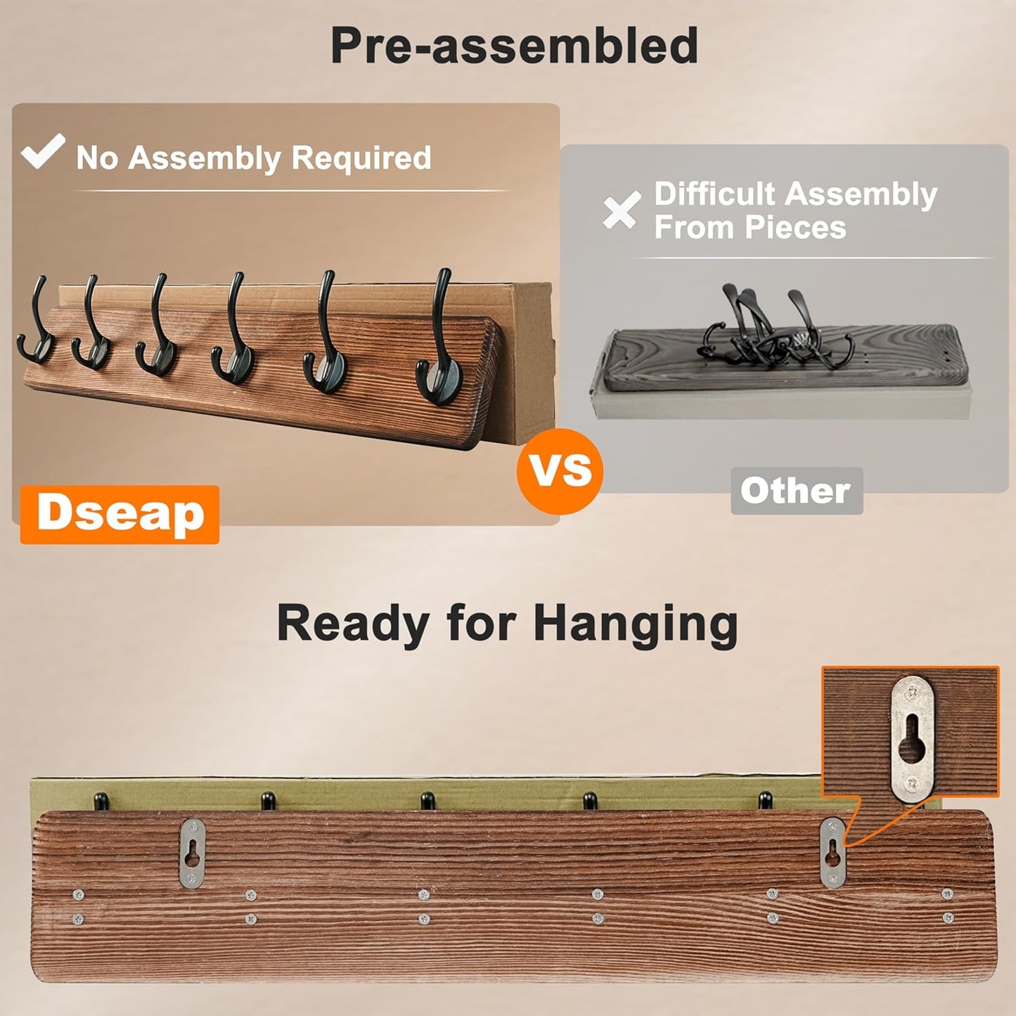 Dseap Wall Mounted Coat Rack: 38-1/4" Long, Patented, Heavy-Duty, 10-Double-Hooks Wooden Hanger Rail for Winter Coats, Hats, Jackets, Clothing - Natural & Black, Pack of 2