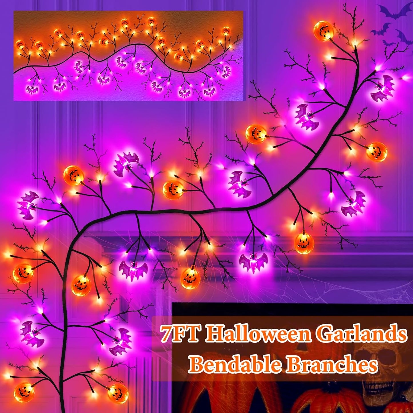 7 Ft 63 LED Halloween Willow Vine Twig Garland with 8 Modes Timer Orange Purple 21 Pumpkin Bats Lights,Halloween Garland with Waterproof Battery Operated for Indoor Wall Fireplace Decorations