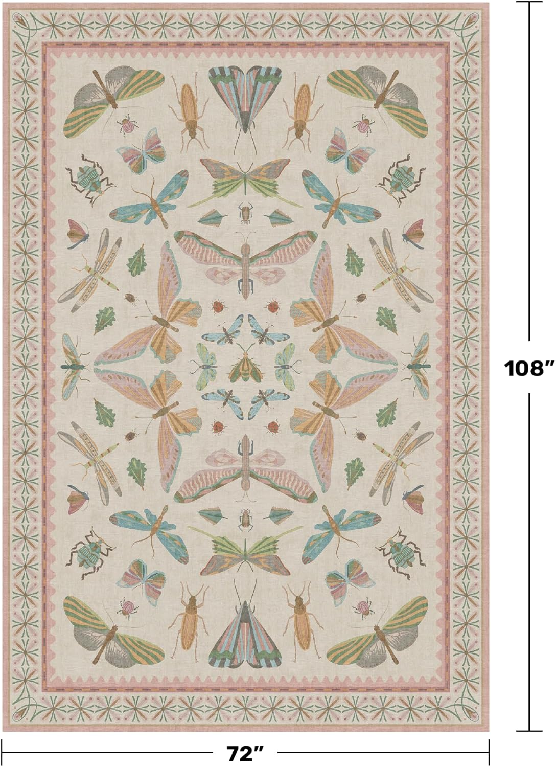 Floral Pink Rugs for Bedroom Girls 6x9 - Insect Print Cute Girly Rug for Living Room, Dining Room Under Kitchen Talbe, Washable Low Pile Vintage Bug Art Nouveau Home Decor