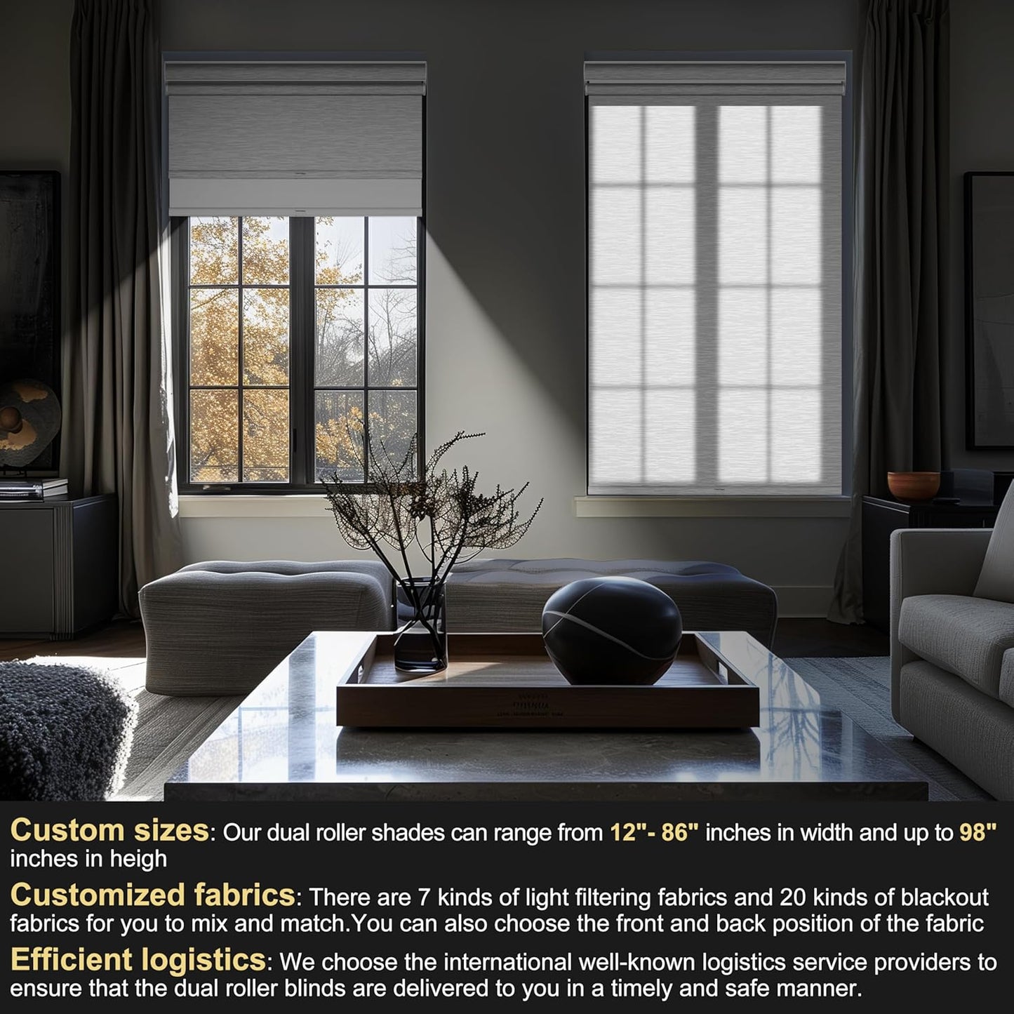 BERISSA Cordless Dual Roller Shades with Cassette Valance, Double Window Shades Blackout and Light Filtering, Day and Night for Home Office Door. Striped Jacquard White. 65 W x 36" H