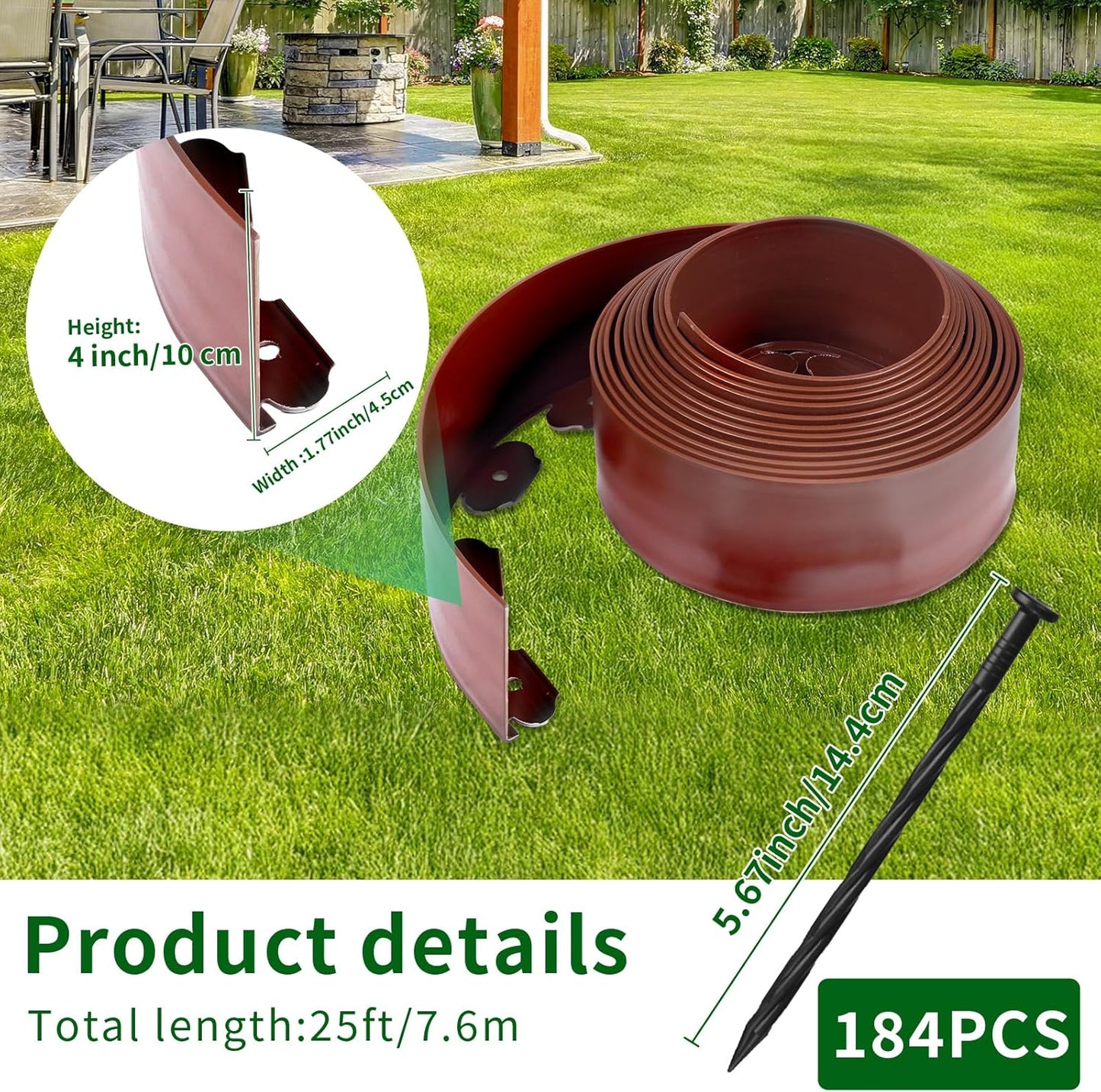 4 in x 100 Ft Garden Landscape Edging, No Dig Garden Edging Border Kit with 184 Pcs Spikes for Flower Bed Lawn Yard Grass Brown