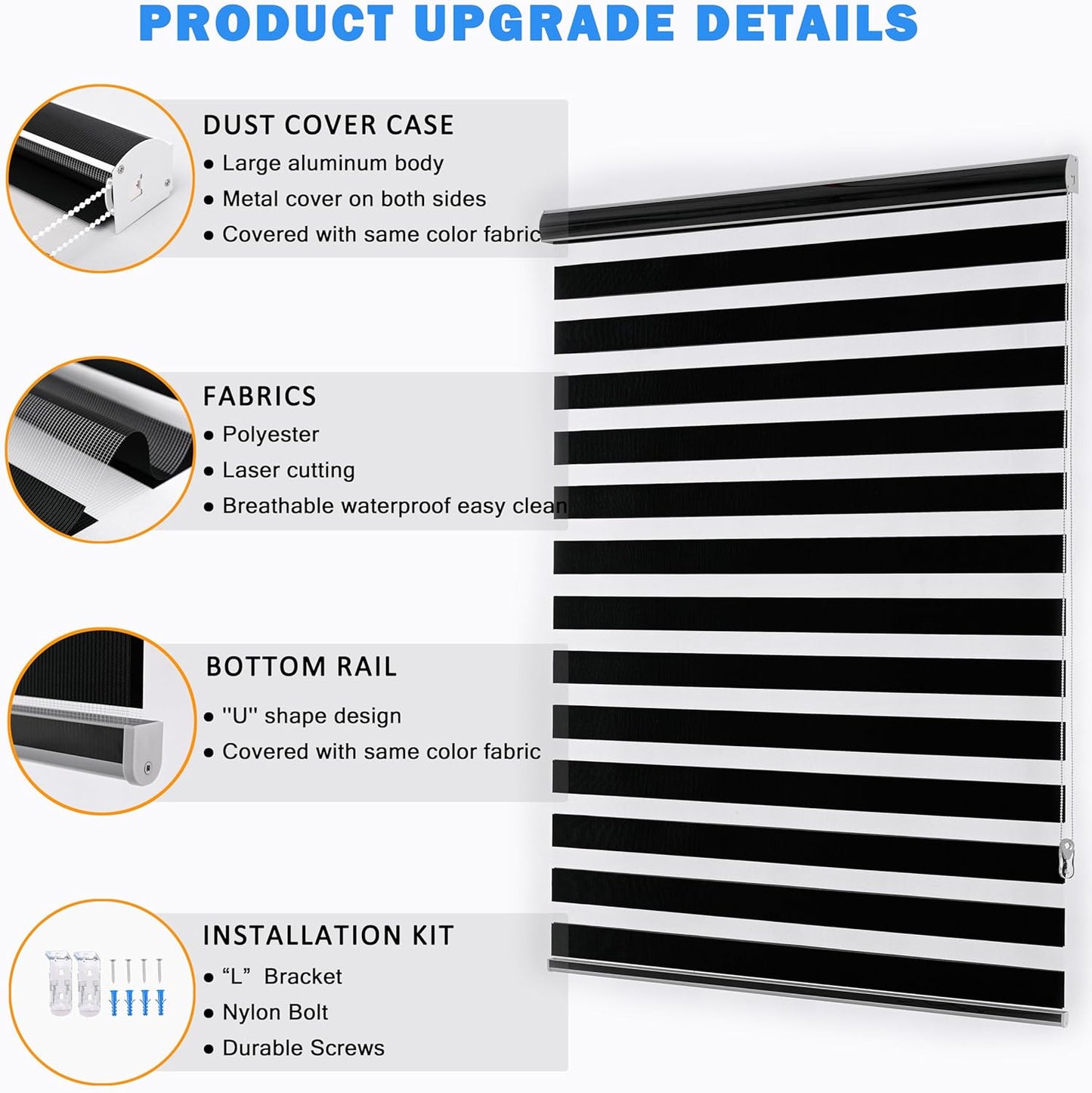 Custom Size Zebra Roller Shades, Dual Layer Roll Up Blind Blackout Modern Blinds, Horizontal Blinds Shades for Bedroom, (Maximum Height 72inch, Black Color, W20 inch)