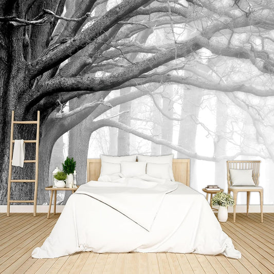 Grey Forest Big Tree Wallpaper Woodland Peel and Stick Wall Mural for Bedroom Living Room - 85"x118"