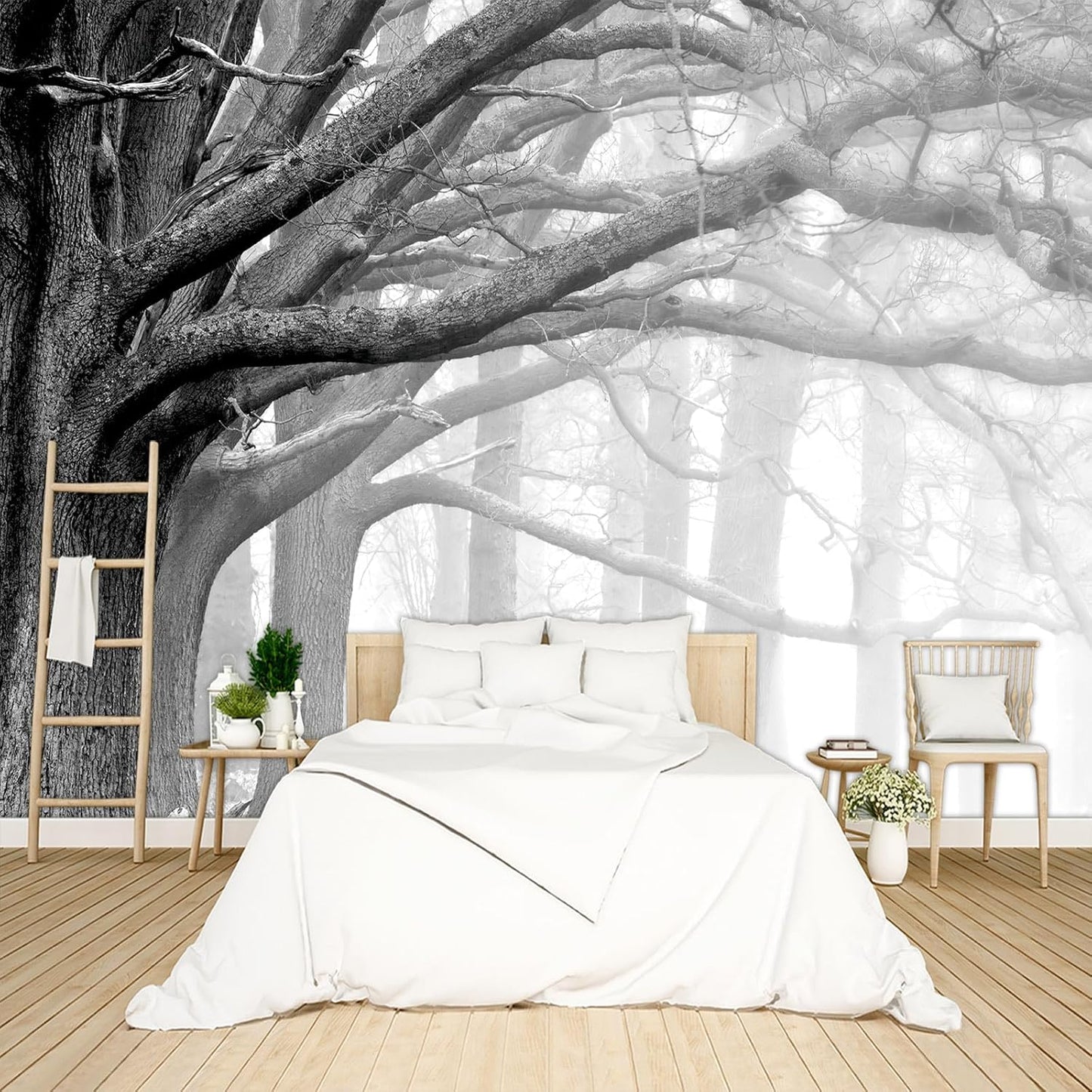 Grey Forest Big Tree Wallpaper Woodland Peel and Stick Wall Mural for Bedroom Living Room - 96"x137"