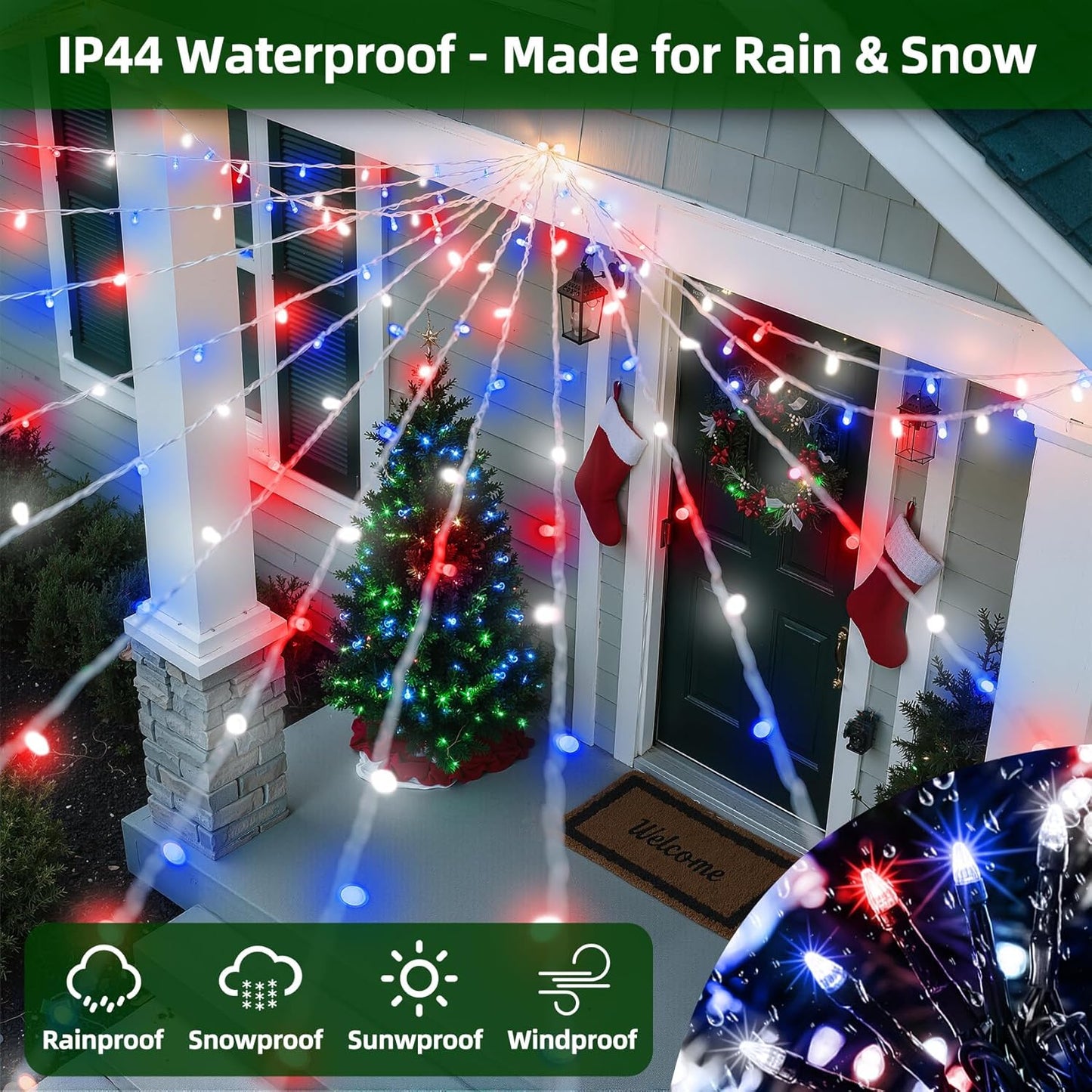 300LED Christmas Lights Outdoor Indoor Use, 12 Lighting Modes 75ft Christmas Tree Lights with Timer, Dimmable Plug in Red White and Blue LED StringLights Waterproof for Yard Tree Wedding Party Holiday
