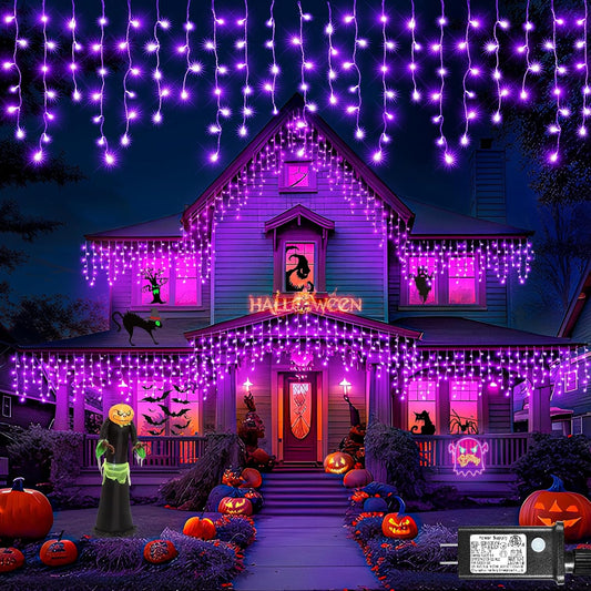 640 LED Purple Halloween Lights Outdoor, 66FT Icicle Lights for Outside with 8 Modes 120 Drops, Waterproof Plug in String Curtain Light for Indoor House Room Patio Party Decorations