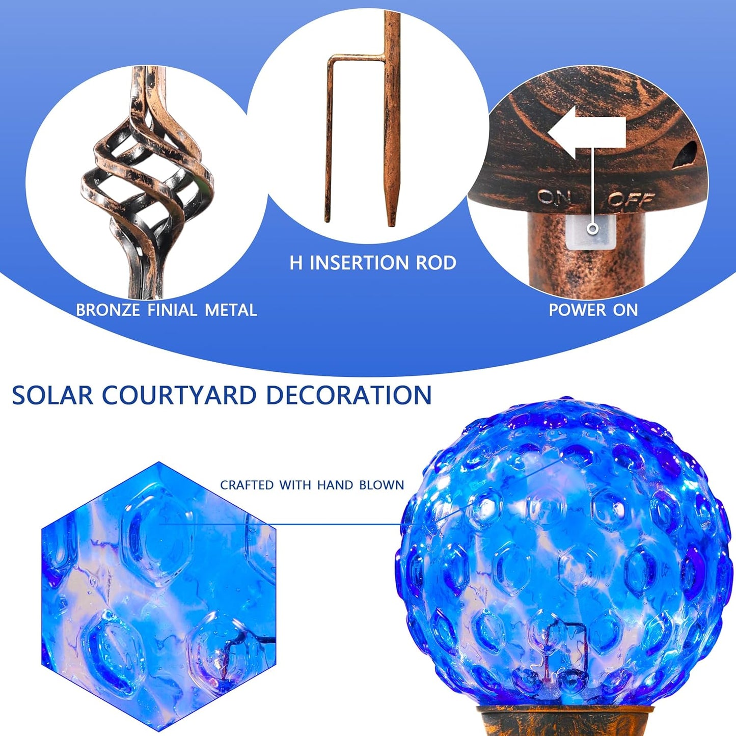 Garden Solar Lights, Decorative LED Honeycomb Glass Ball Garden Stake, Glass and Metal Outdoor Decoration, 4 x 31 Inch (Dark Blue)