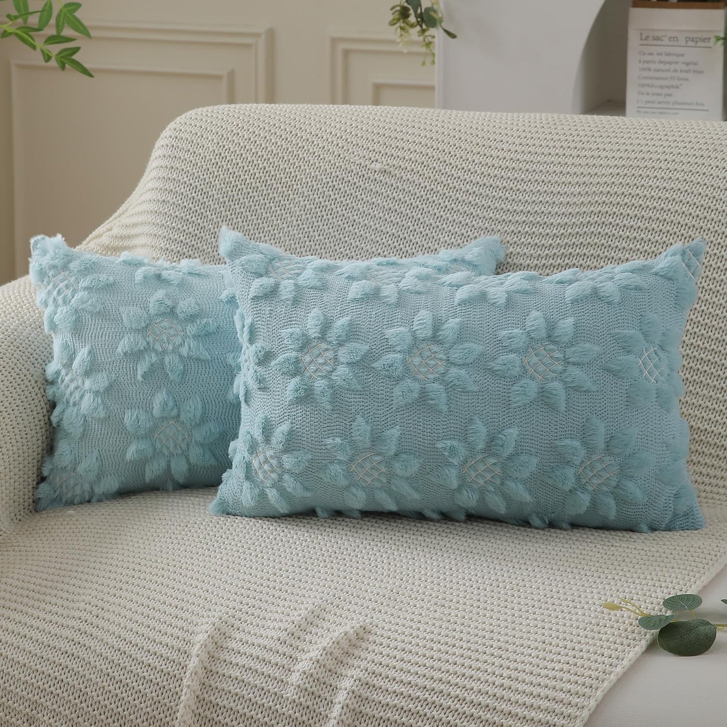 DFXSZ Spring Summer Pillow Covers 12x20 inch Set of 2 Farmhouse Decor White Flower Heart Sunflower Blue Soft Plush Faux Fur Jacquard Throw Pillows for Sofa Holiday Spring Home Decor PTK024G12
