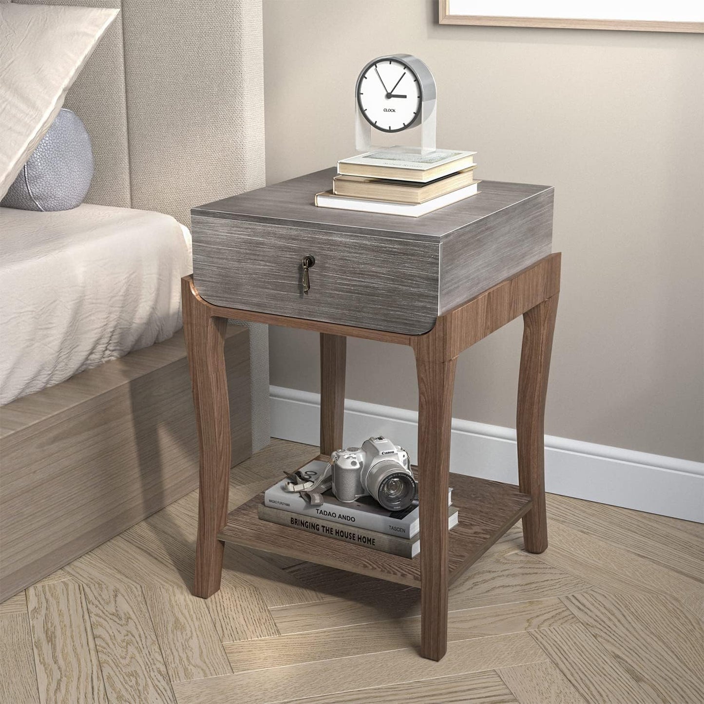COSIEST Rustic Nightstand, 2-Tier Farmhouse Bedside Table, Wood Accent End Table with Storage Drawer and Open Display Shelf for Bedroom Nursery Living Room (Black & Silver)