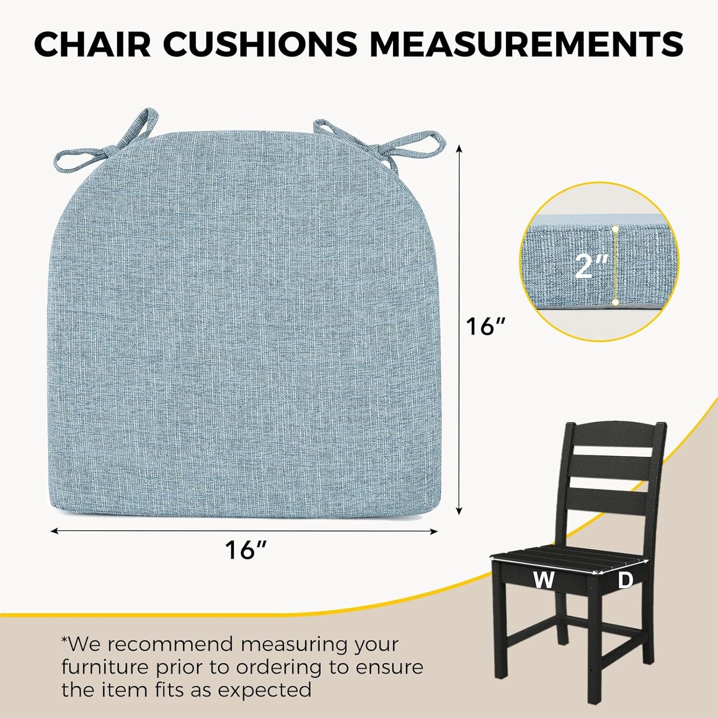 downluxe Indoor Chair Cushions for Dining Chairs, Soft and Comfortable Textured Foam Kitchen Chair Pads with Ties and Non-Slip Backing, 16" x 16" x 2", Light Blue, 2 Pack