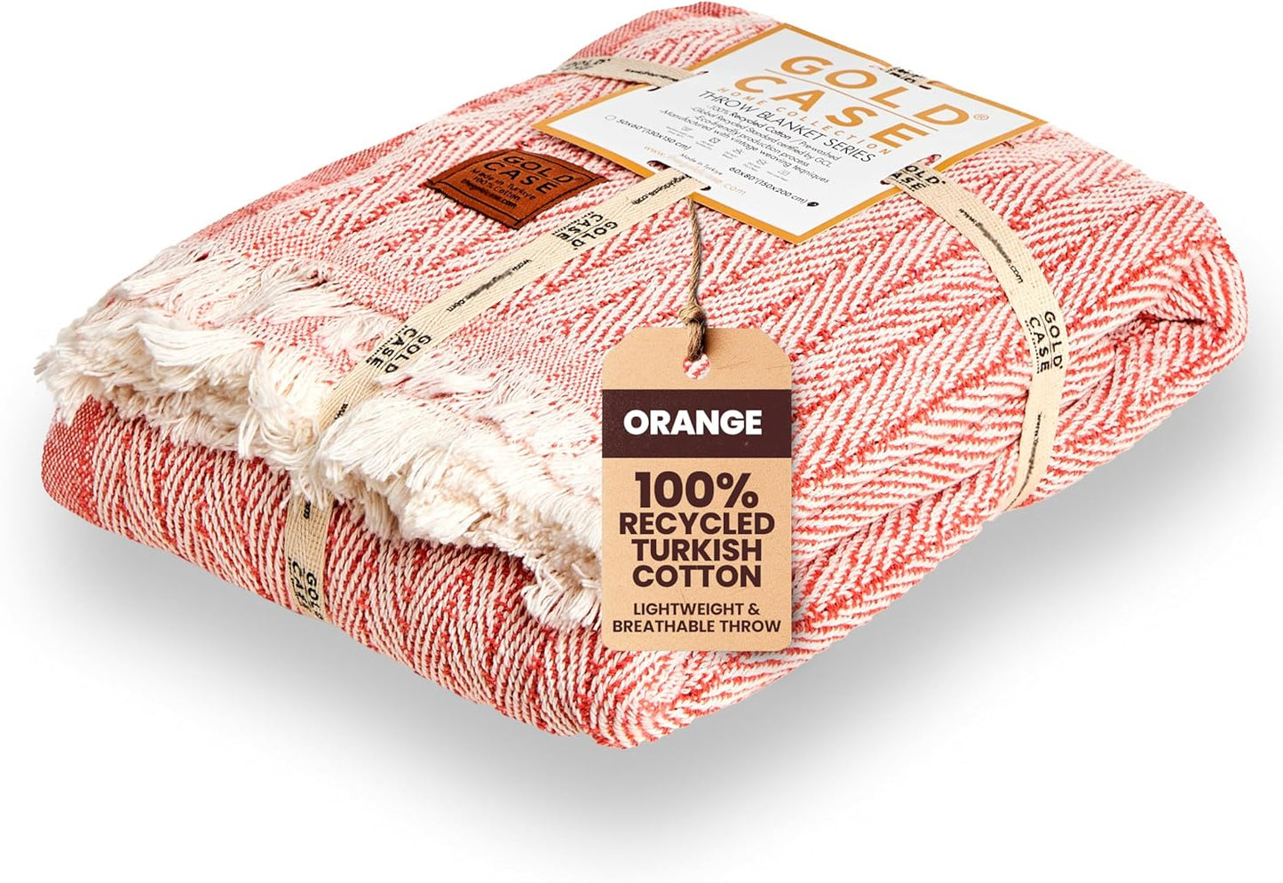 Gold Case Throw Blanket for Couch – 100% Recycled Turkish Cotton Blankets & Throws – Elegant Decorative Throw Blankets for Living Room Sofa – Woven Throws for Couch – Vintage Orange – 60x80