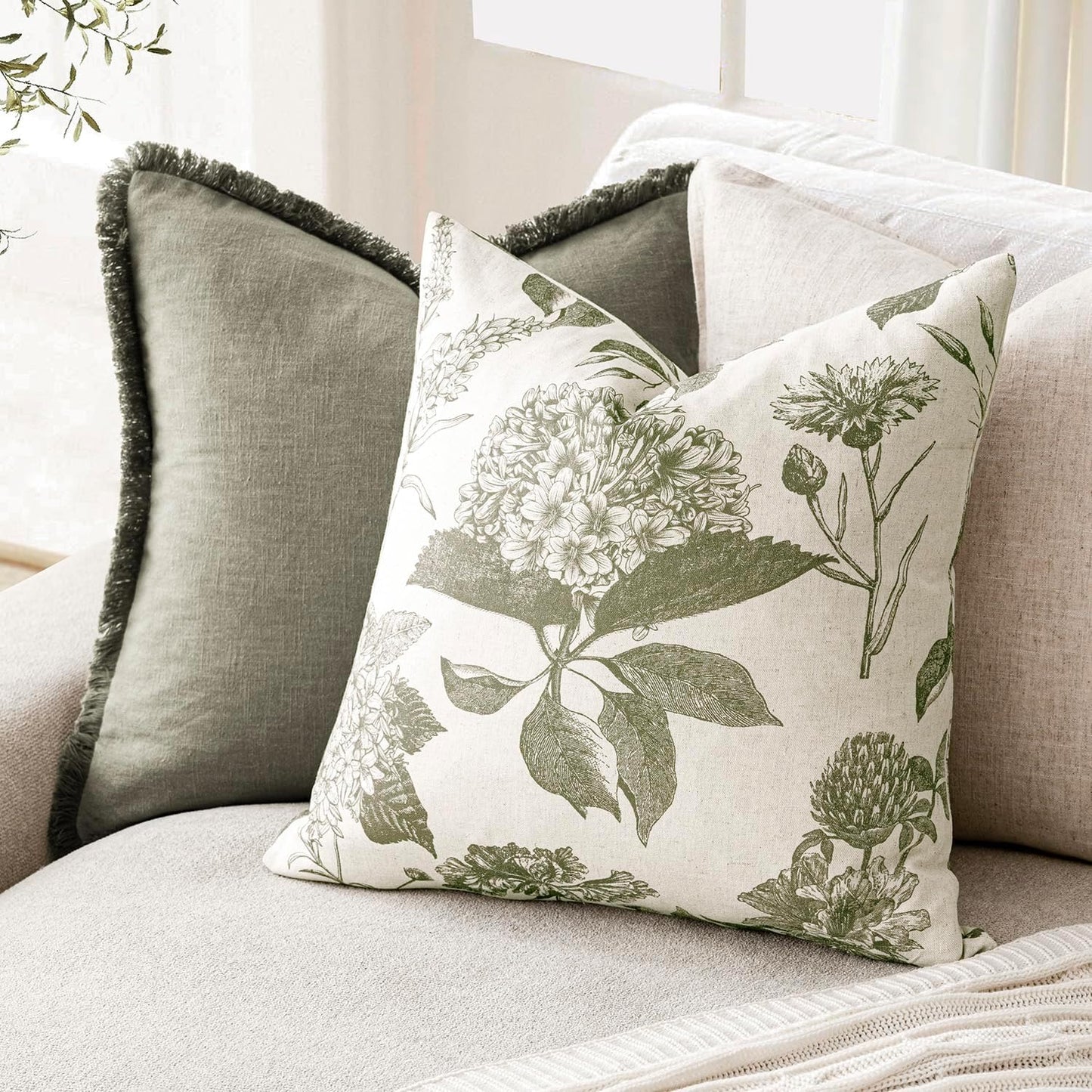 Foindtower Set of 2 Linen Floral Throw Pillow Covers Neutral Vintage Print Decorative Cushion Covers Farmhouse Boho Home Decor for Sofa Chair Couch Bedroom Living Room Outdoor,24×24 Inch,Sage Green