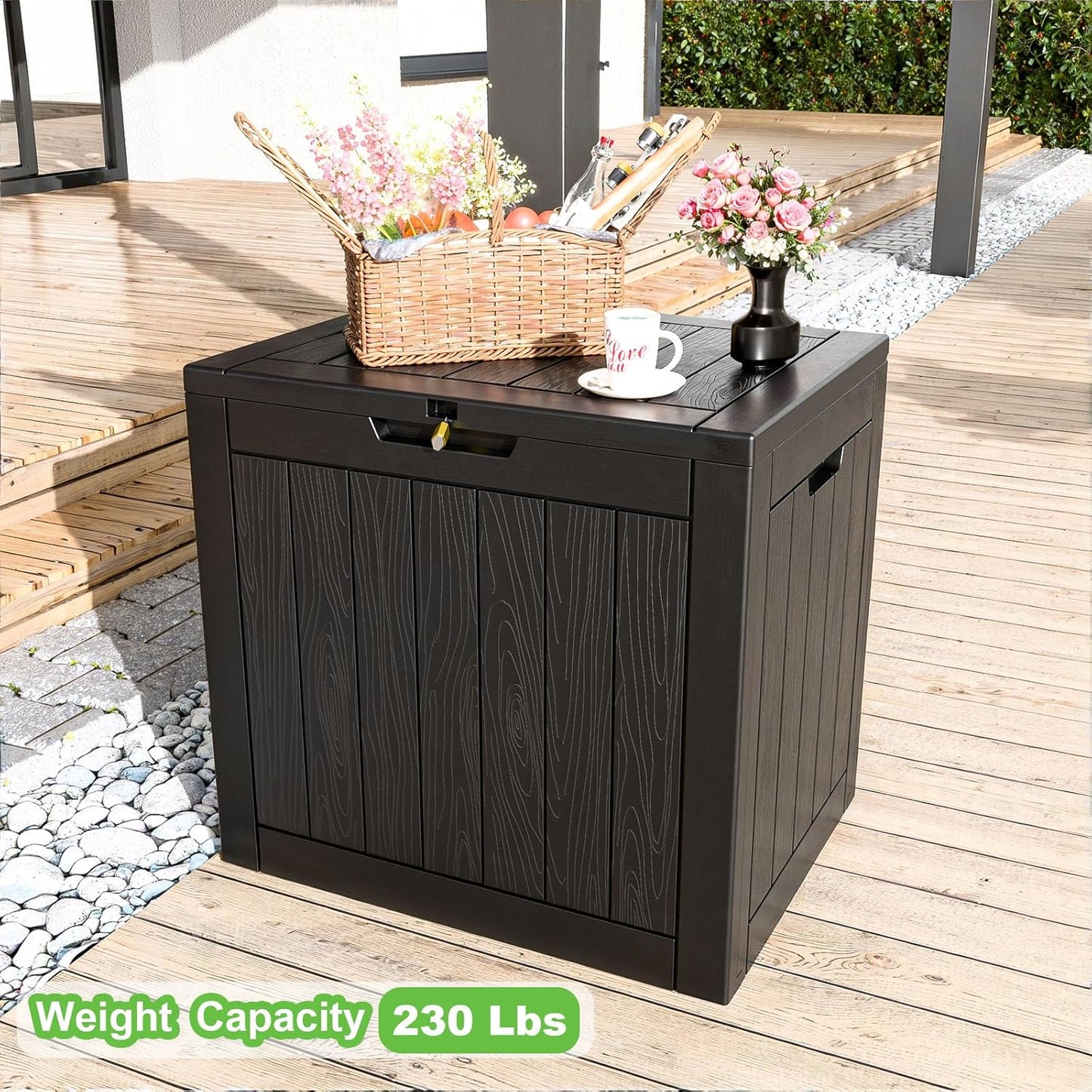 30 Gallon Outdoor Deck Box,Storage Lockable Waterproof Patio Furniture,Garden Tools,Cushions,Pool Accessories Outside Storage Resin Box(Black)