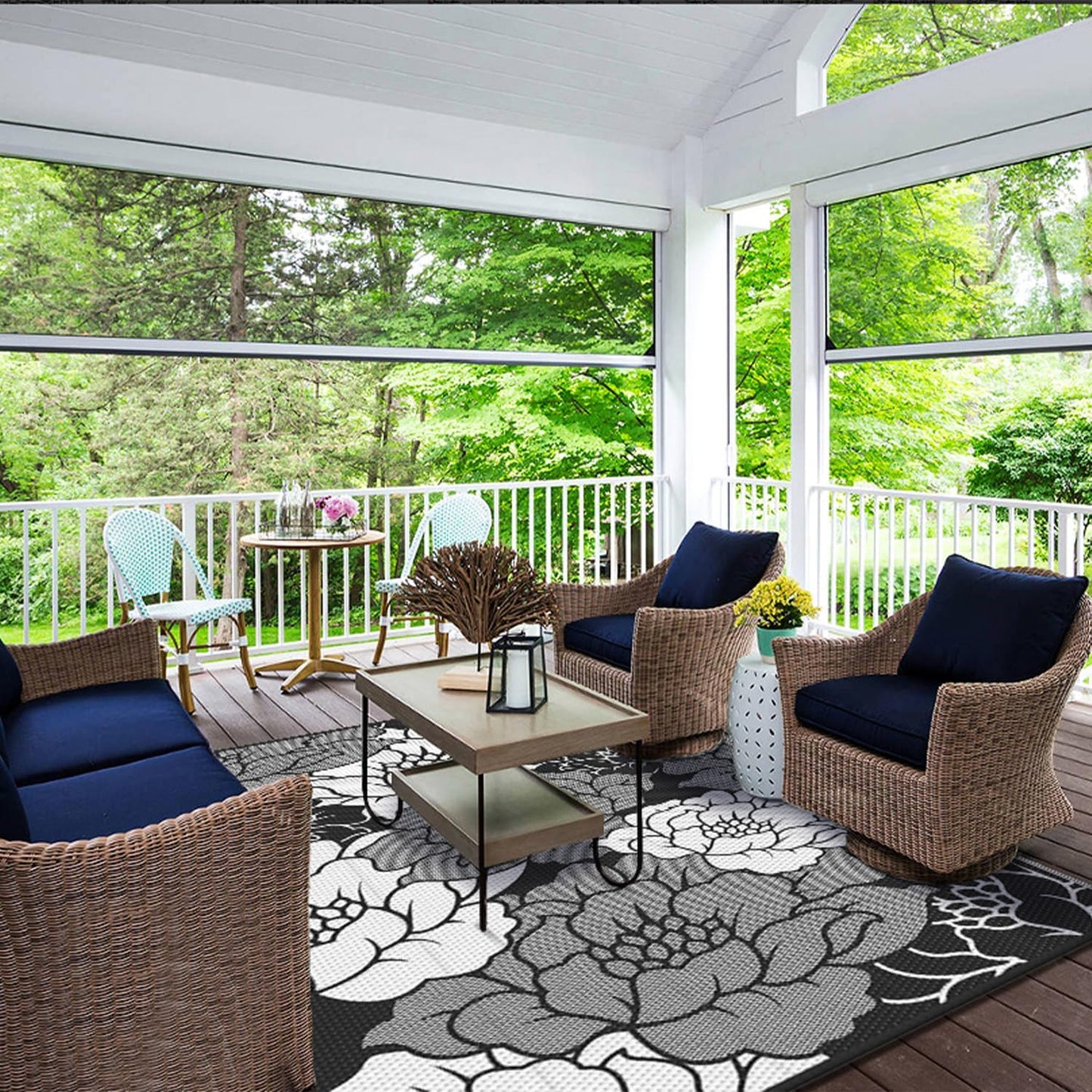 GENIMO Outdoor Rug Waterproof for Patio Decor, 8' x 10' Reversible Plastic Straw Floral Camping Carpet, Large Area Rugs Mats for RV, Camper, Deck, Balcony, Porch, Beach, Picnic, Mix-Black & White