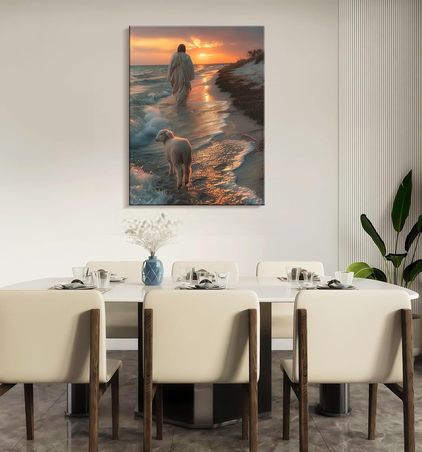 Framed Canvas Jesus and the Lamb Walking on the Beach Wall Decor Wall Art Gallery Decor Unique Print Wall Decor for Living Room Bedroom Church Home Decor 16x24 Inch Ready to Hang