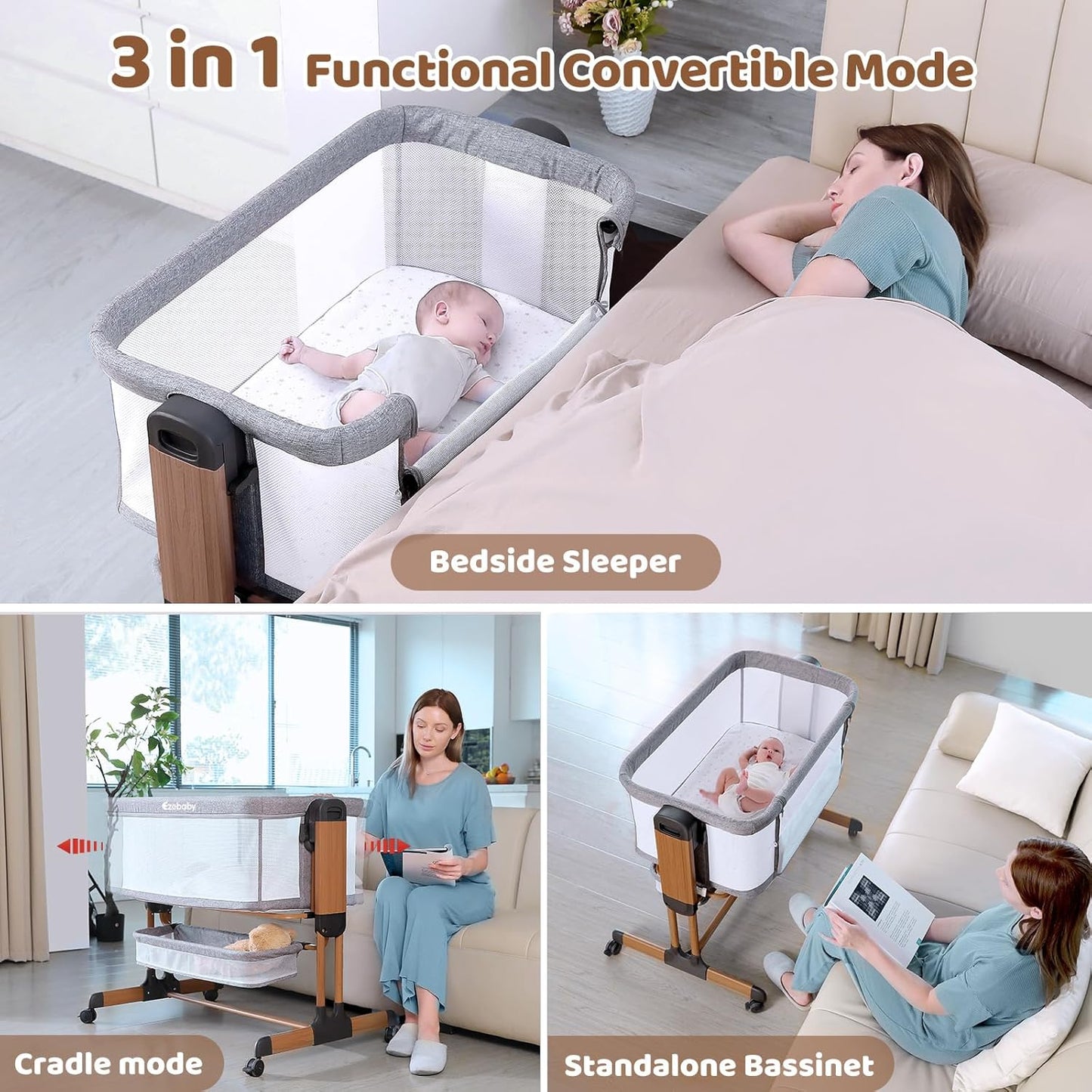 Ezebaby 3-in-1 Baby Bassinet, Rocking Baby Bassinets Bedside Sleeper, Adjustable Portable Crib for Newborn Infant with Wheels Storage Basket and Mesh Sides