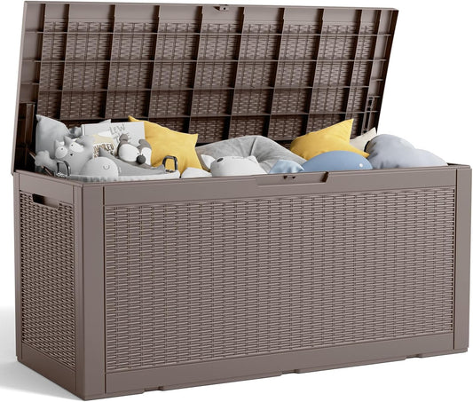 100 Gallon Resin Deck Box, Lockable Patio Outdoor Storage Box for Furniture, Garden Tools and Tools Storage, Waterproof Outside Storage Boxes - Grey