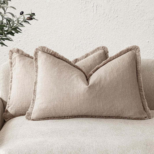 Foindtower Set of 2 Decorative Linen Fringe Lumbar Throw Pillow Covers Farmhouse Cushion Cover with Tassels Accent Pillowcase for Couch Sofa Bed Living Room Home Decor,12×20 Inch,Natural Linen
