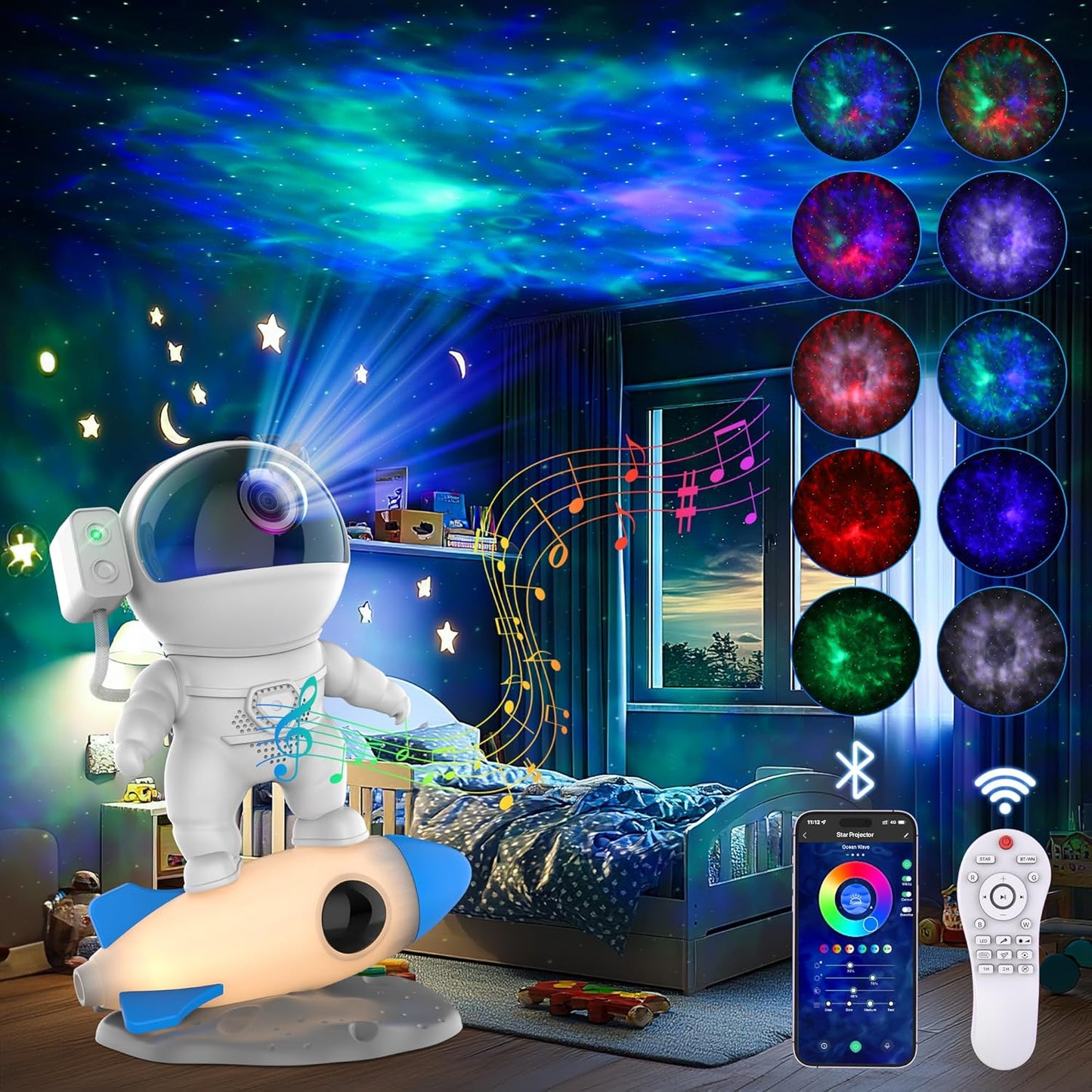 FlyEagle Astronaut Galaxy Projector, Star Nebula Projector with Rocket Lamp, Night Lights LED Star Projector for Bedroom, Remote Control, White Noises, Bluetooth Speaker for Bedroom