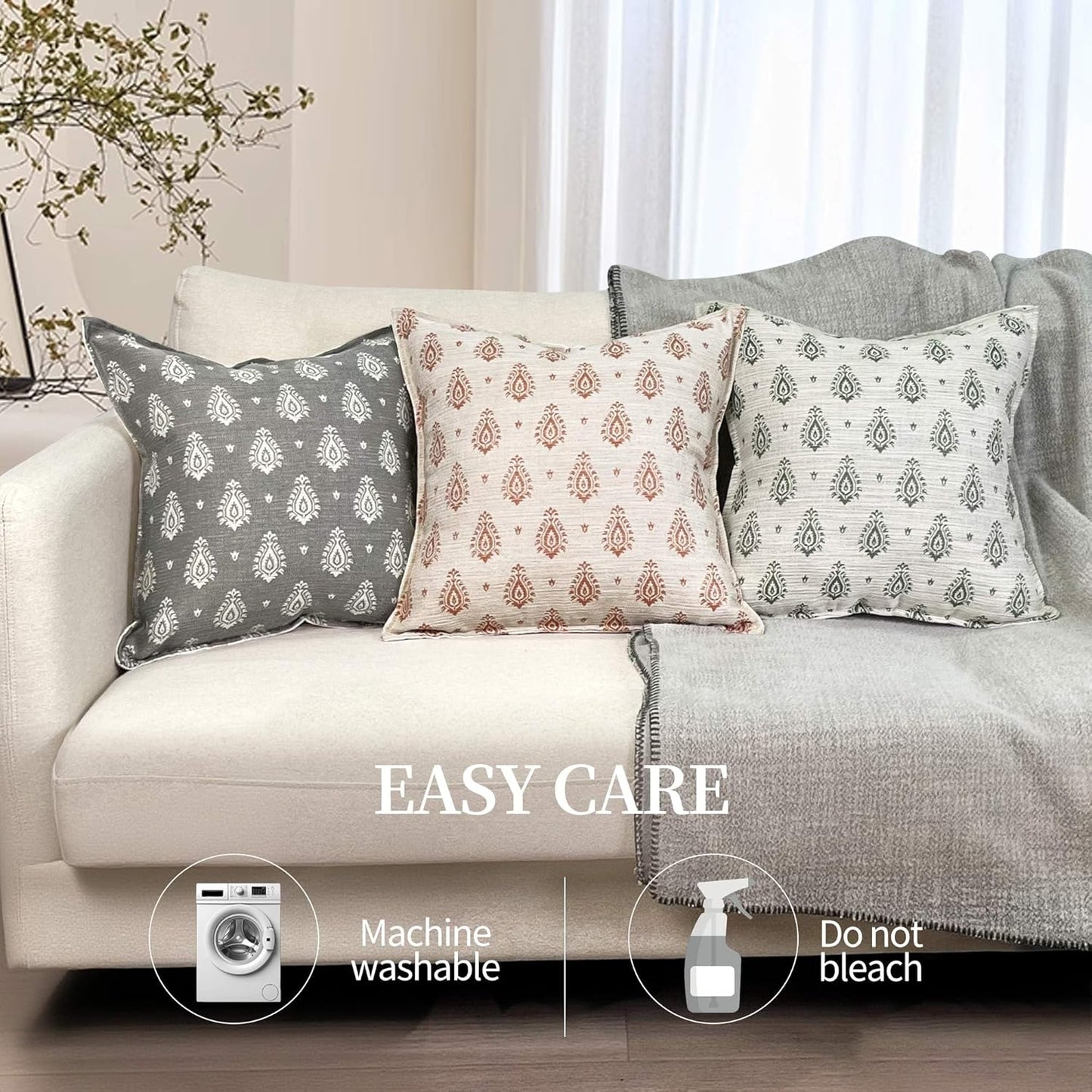 Floral Pillow Covers 20x20 Set of 2 Decorative Throw Pillow Covers Neutral Floral Paisley Farmhouse Pillow Covers for Sofa Couch Bed