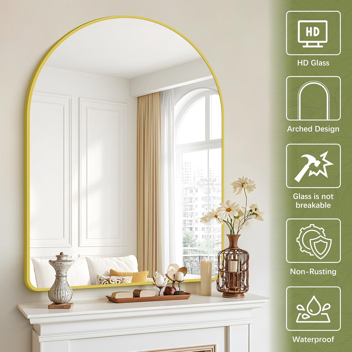 Arched Bathroom Mirror, 36"x48" Gold Arch Mirror for Bathroom, Wall Mounted Mirror, Gold Vanity Wall Mirror w/Metal Frame for Bedroom, Entryway, Living Room, Vertically Hanging or Leaning Against