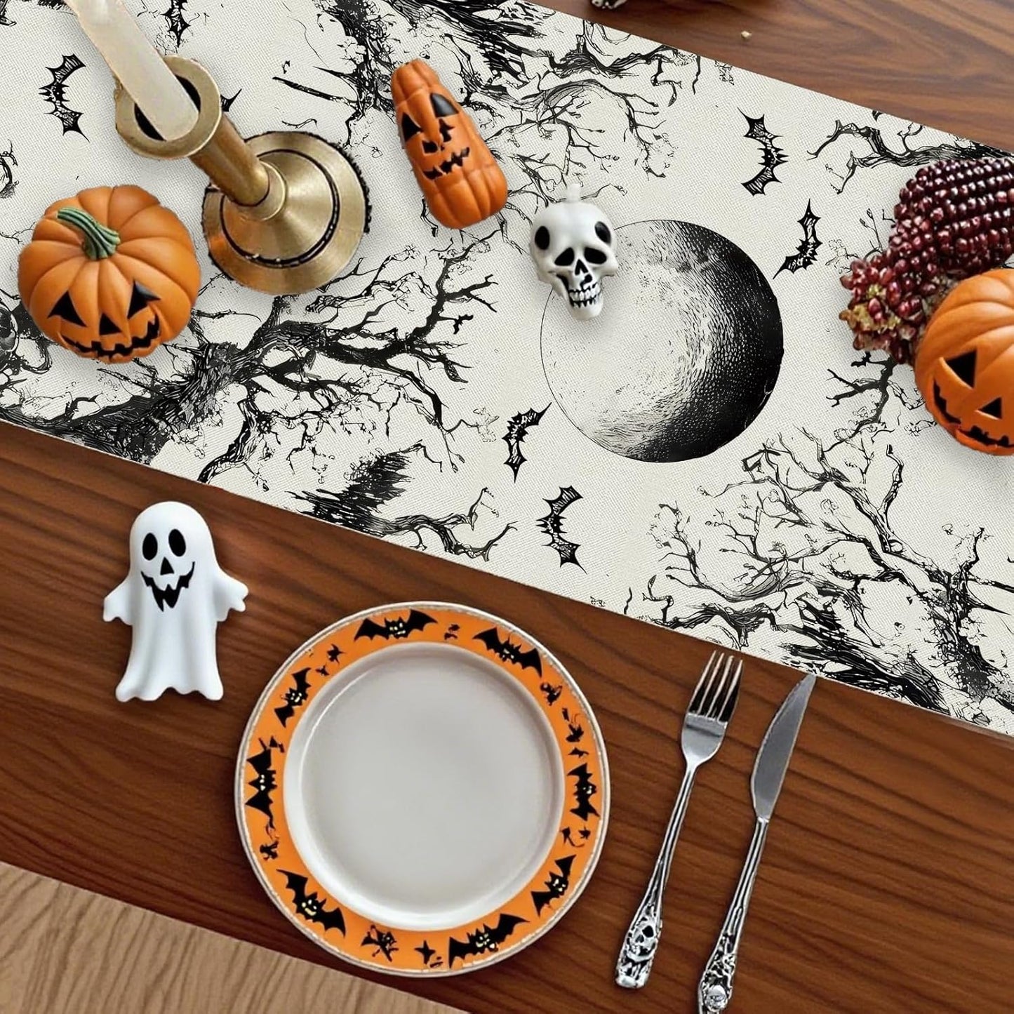 GPGHE Halloween Table Runner Black Ghost Holiday Burlap Table Decoration Indoor Outdoor Home Decor Party Supply 13 x 108 Inch
