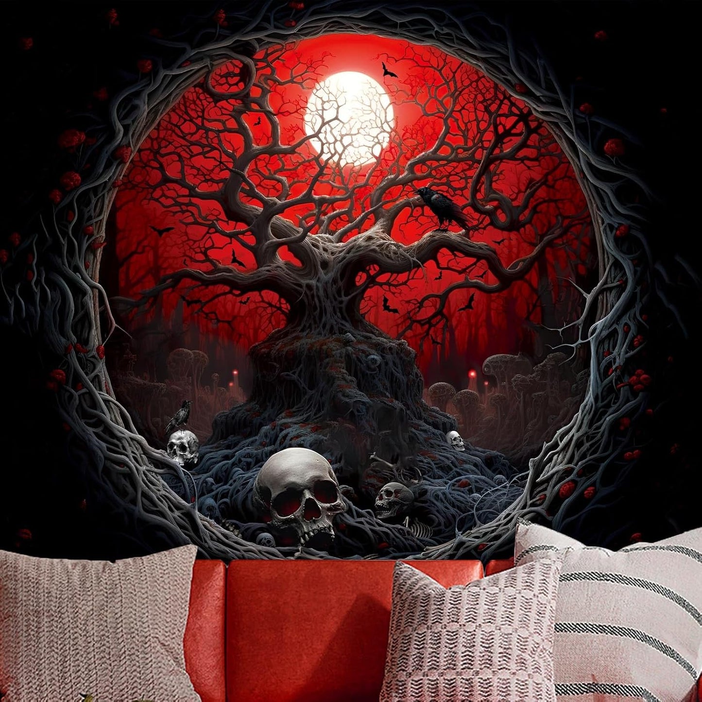 Atrippy Halloween Black Red Anime Tapestry, Gothic Dark Forest Moon Wall Hanging, Nature Skull Withered Tree Landscape Tapestries for Bedroom Living Room Men Dorm 51x 60 Inches