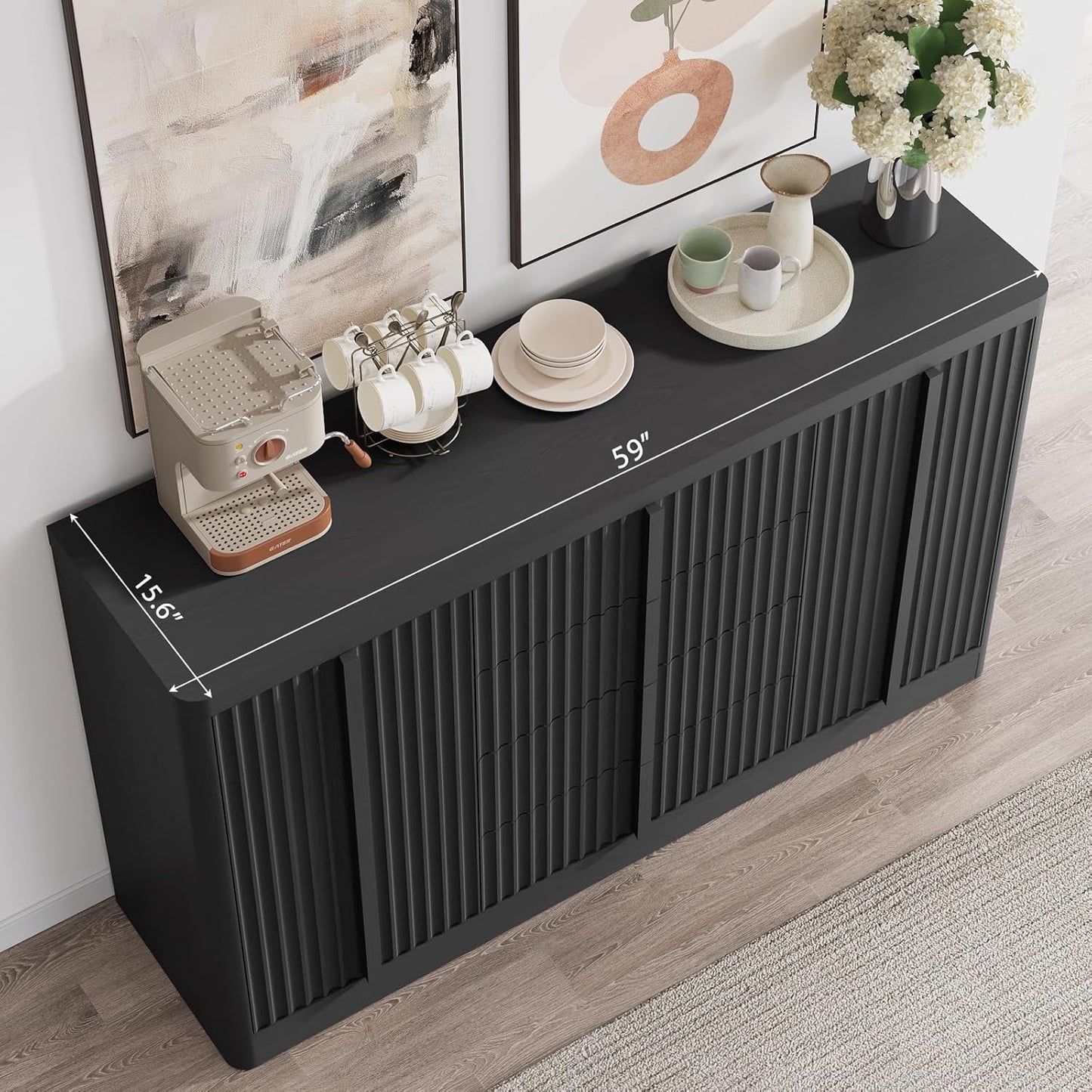 Buffet Cabinet with Storage, 60" Fluted Coffee Bar with 4 Drawers & 2 Doors, Modern Sideboard Buffet with Solid Wood Handle, Credenza Storage Cabinet for Living Room Kitchen Dining Room, Black(1PCS)
