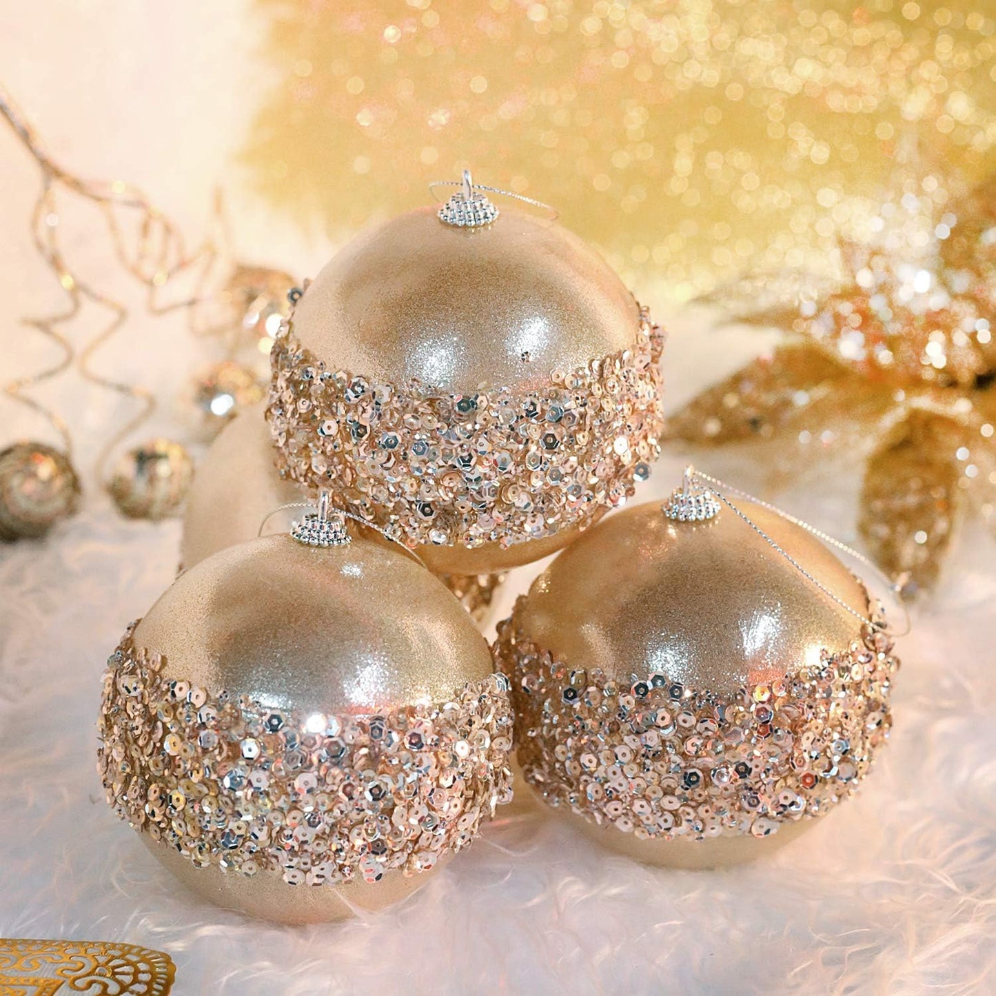 4pc Champagne Shatterproof 4" Christmas Ball Ornaments for Trees, Weddings, Holiday Decor