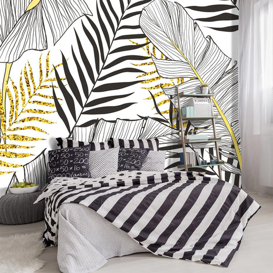 -Black and Gold Tropical Botanical Banana Leaf Fabric Wallpaper Living Room Bedroom Bathroom Abstract Plant Large Wall Mural- 137"x96"（ not Peel and Stick）