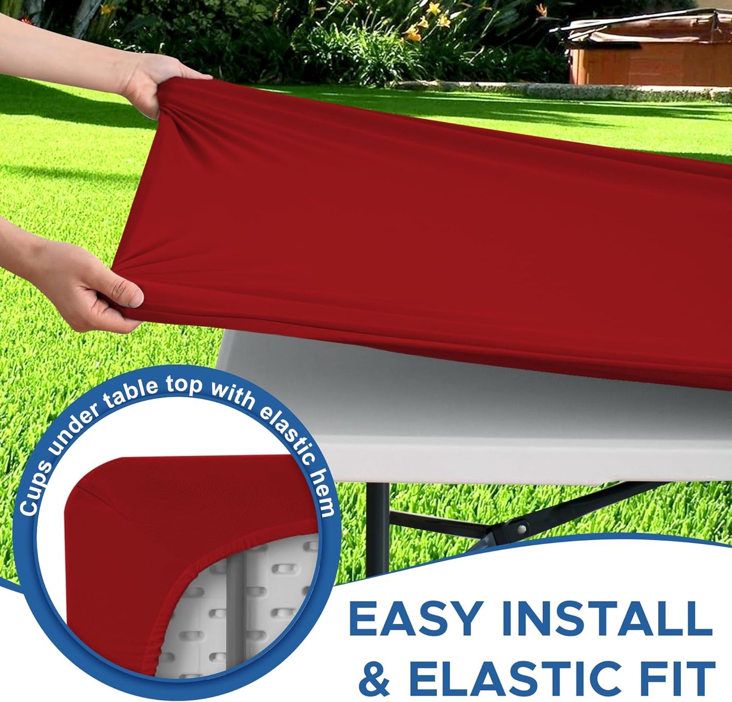Fitted Tablecloth for 8 Foot Rectangle Tables-6 Pack Red Elastic Outdoor Picnic Table Cover-Spandex Stretch Folding Table Cloths 8ft for Camping Dining Room Patio Kitchen Banquet Party