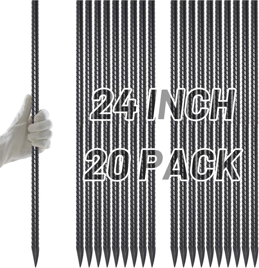 AAGUT Rebar Stakes 24 Inch Straight Garden Plant Stakes (20 pcs) 1/2" Thickness, Heavy Duty Metal Spikes for Concrete Forming, Landscape Timber, Fence, Ground Anchors with Chisel Point End, Black
