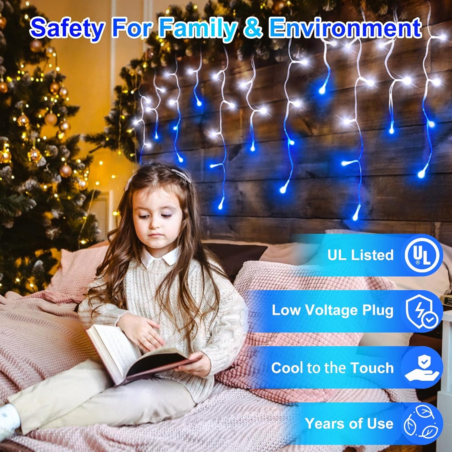 504LED 50ft Christmas Lights, 112Drops 12 Modes Christmas String Lights Outdoor Dimmable, Waterproof Christmas Decorations Fairy Lights with Timer Memory for Party Patio Window Fence Blue & CoolWhite