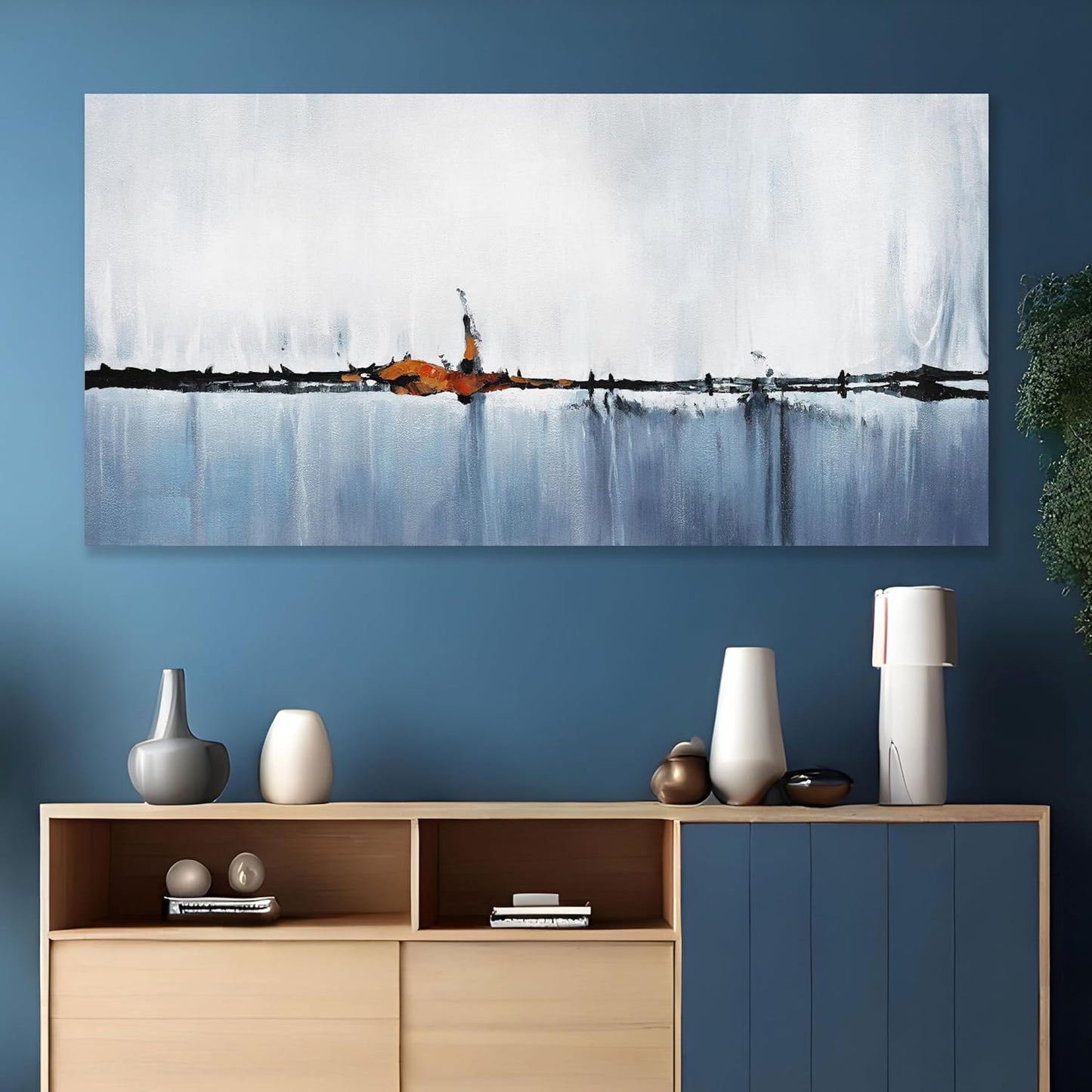 Abstract Wall Decor Modern Abstract Wall Art Blue and White Pictures Canvas Art Wall Decor Framed Artwork for Living Room Bedroom Dining Room Home Office Decor 20"x40"