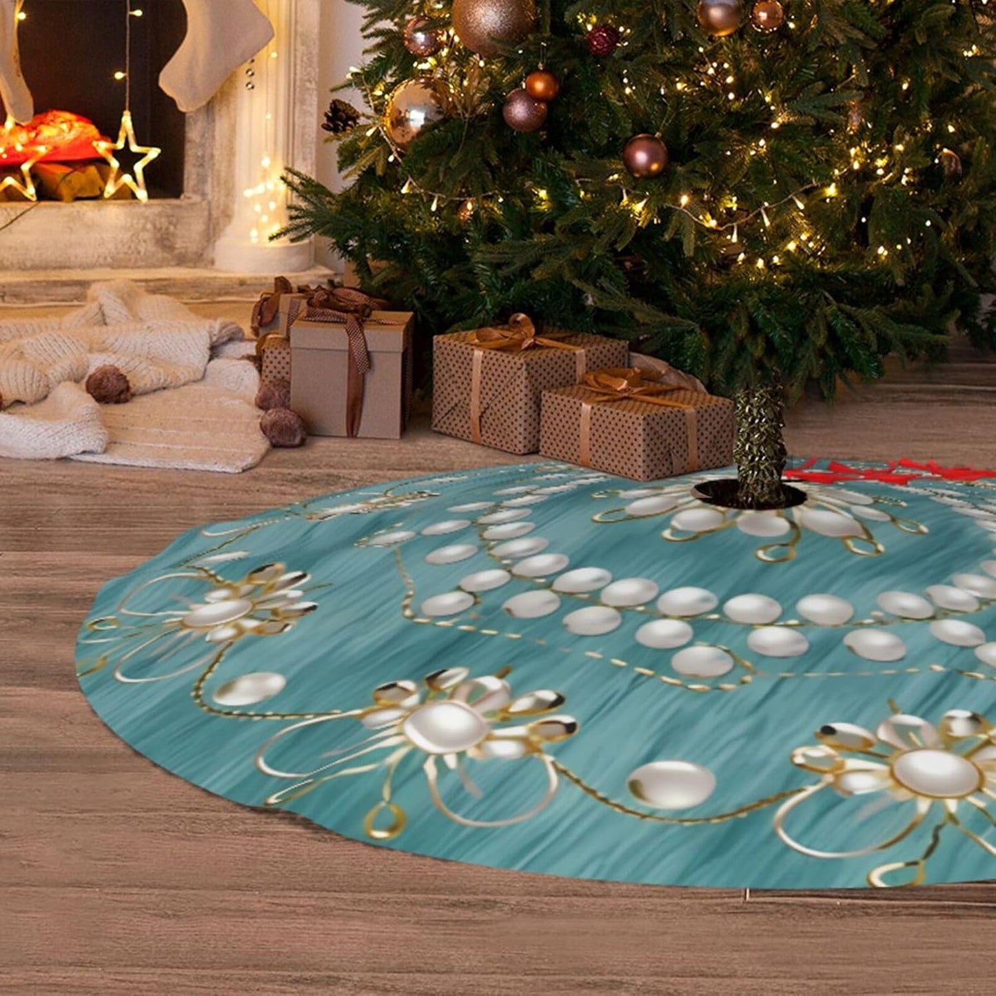 36" Christmas Tree Skirt with Elegant Aqua Pearl Christmas Angel Pattern Turquoise Tree Mat Base Cover for Xmas Festive Holiday Party Decoration Ornaments