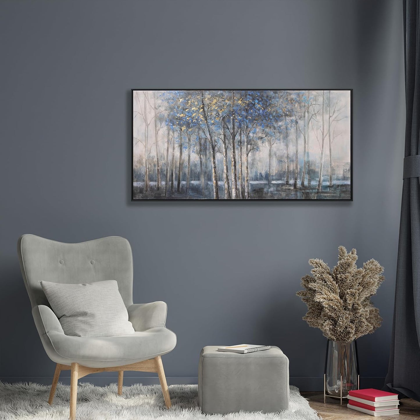 Framed Wall Art Scene Nature Decor Canvas Print Blue Embellishments Plant Grey Misty Forest Abstract Tree Painting Picture Artwork Framed Wall Decor For Living Room Bedroom Living Room And Apartment