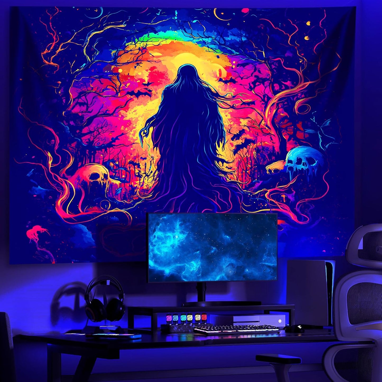 AOHMPT Glow-in-the-Dark Halloween Tapestry - UV Reactive Black Light Wall Hanging Decor for Spooky Parties, Bedroom, Living Room (Shaman, 59" L x 51" W, Unframed)