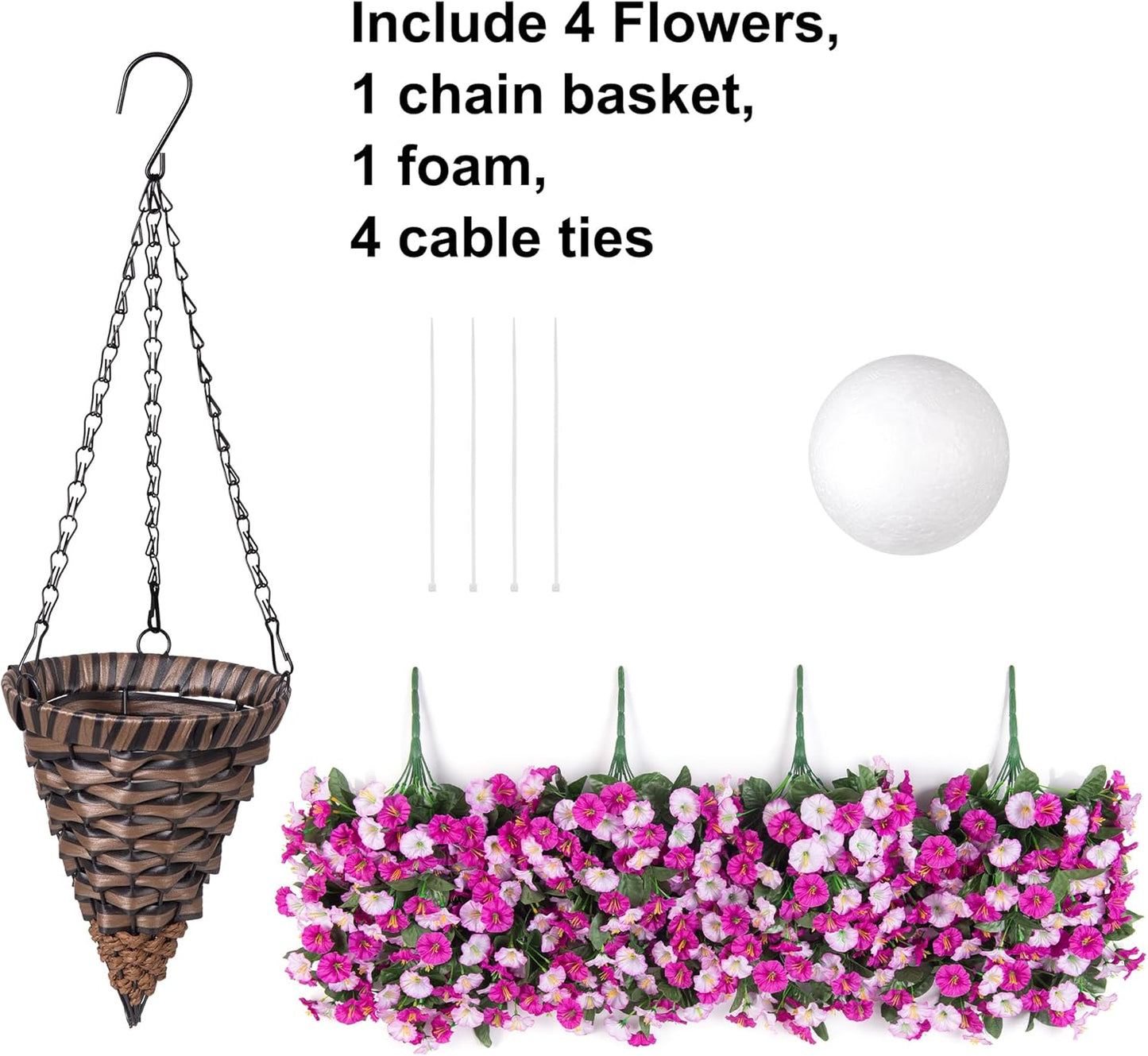 Artificial Fake Hanging Flowers Basket for Outdoor Indoor Decoration,UV Resistant Faux Silk Light Fuchsia and Fuchsia Morning Glory Flowers Plants Realistic Hanging Planter for Outside Home Porch Yard