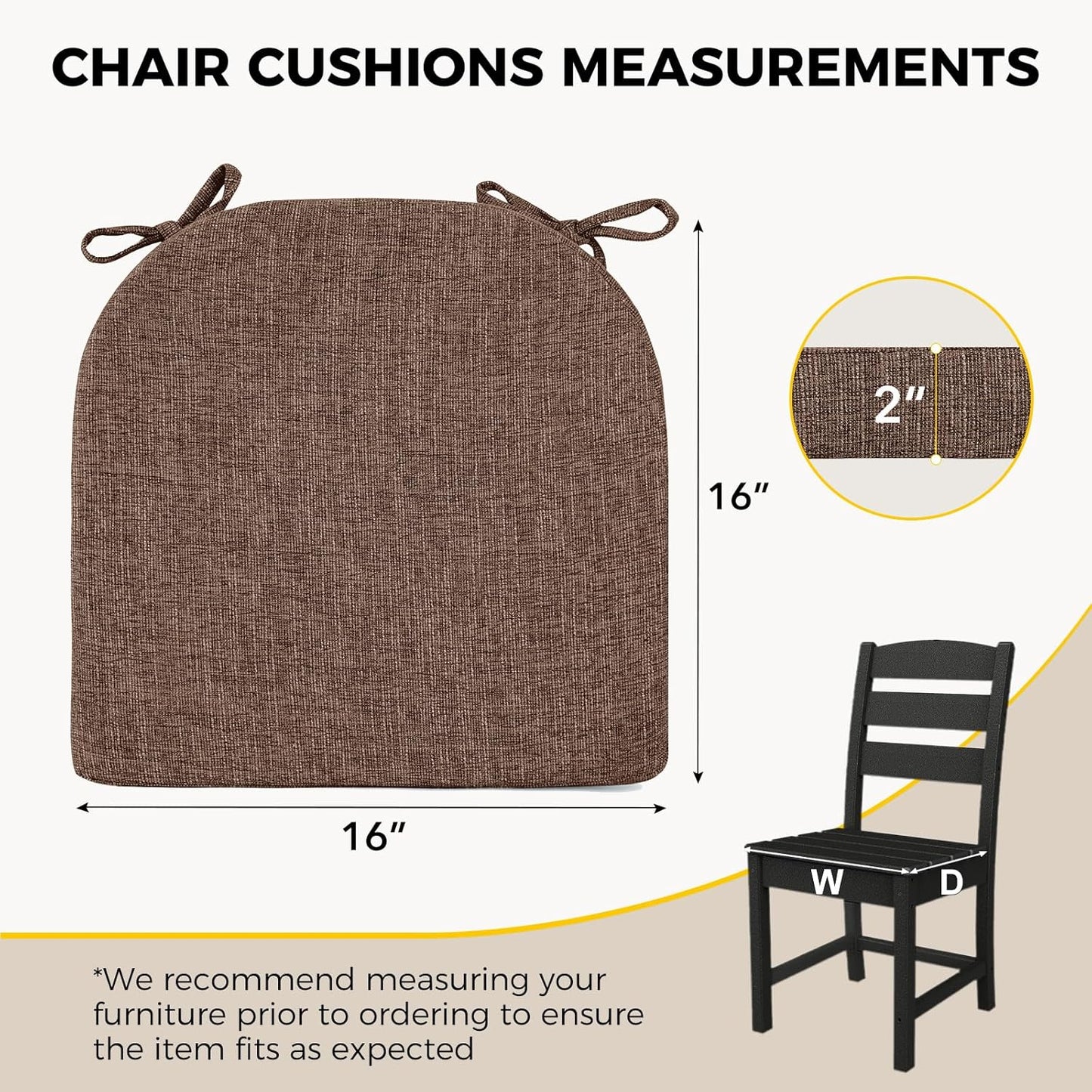 downluxe Indoor Chair Cushions for Dining Chairs, Soft and Comfortable Textured Foam Kitchen Chair Pads with Ties and Non-Slip Backing, 16" x 16" x 2", Brown, 4 Pack