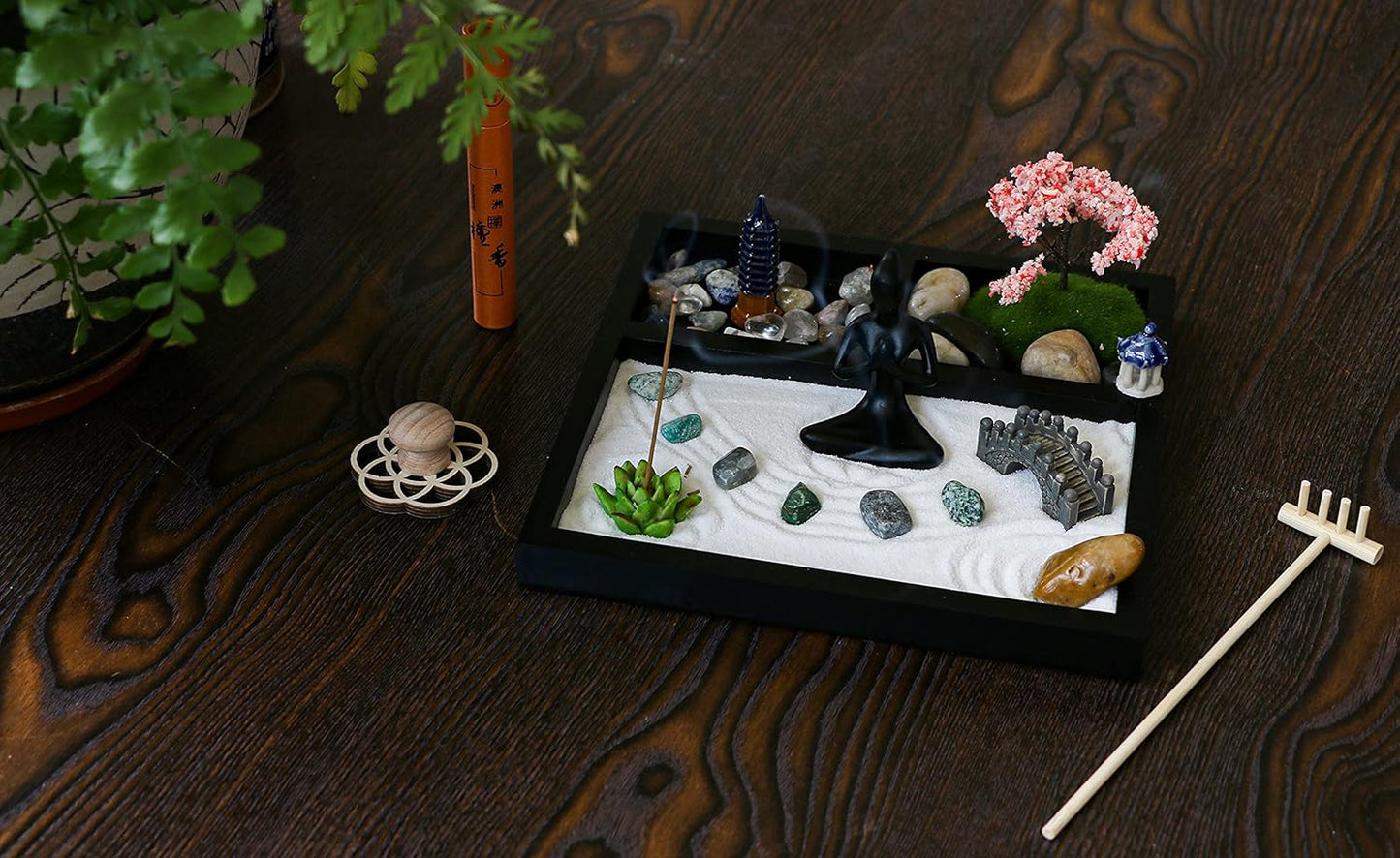 Desktop Meditation Yoga Garden Kit with Japanese Tabletop Rock Sand Chakra Shrine Altar, Home Office Desk Zen Decor, Gifts for Women & Men, Birthday, Includes Rake Tool & Accessories