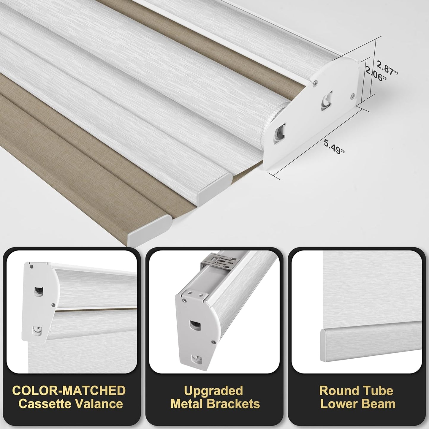 BERISSA Cordless Dual Roller Shades With Cassette Valance, Double Window Blackout and Light Filtering, Day and Night for Home Office - Brown Linen & White, Custom Sizes