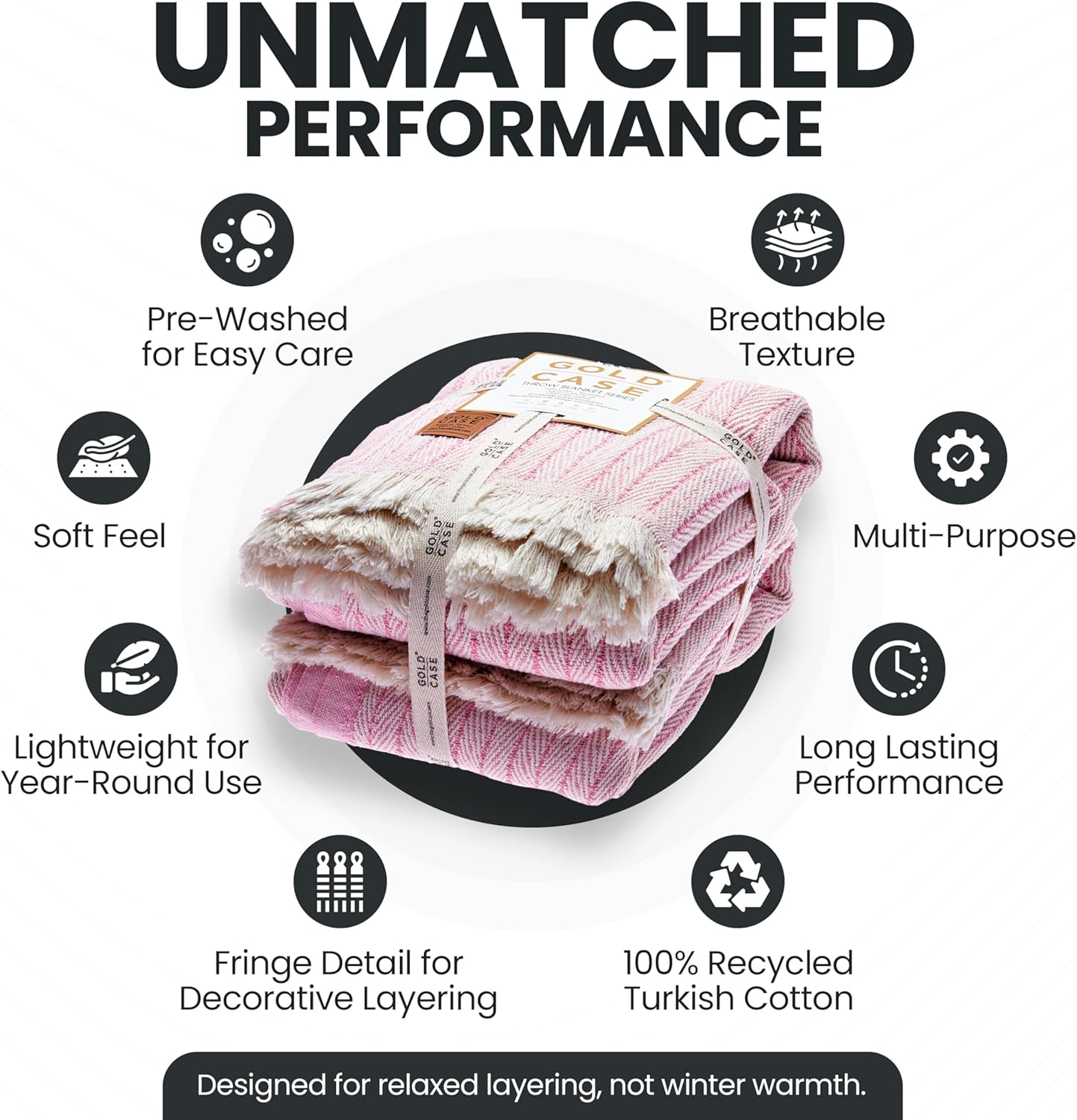 Gold Case Throw Blanket for Couch – 100% Recycled Turkish Cotton Blankets & Throws – Elegant Decorative Throw Blankets for Living Room Sofa – Woven Throws for Couch – Vintage Pink – 50x60 (Set of 2)