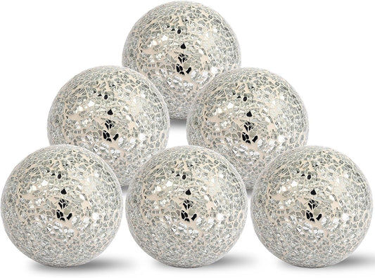 6Pcs Decorative Ball for Bowls, 8cm/3.15inch Mosaic Glass Centerpiece Decoration Balls Mirror Glass Ball Fillers for Home Decor Dining Tables Wedding Party (Sliver)